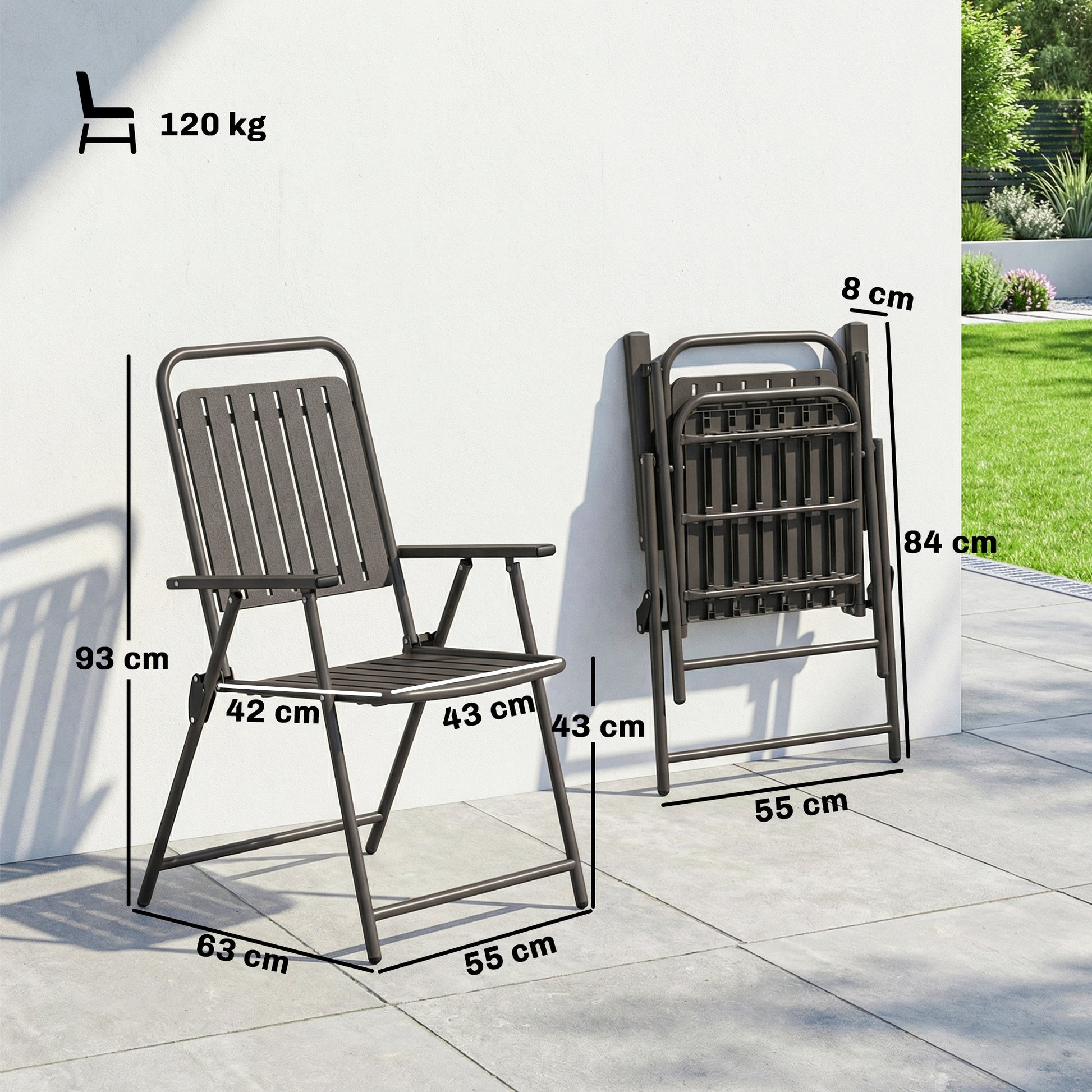 Outsunny Juego de 4 Sillas de Jardín Exterior Plegables, Sillas Terraza Exterior con Reposabrazos, Respaldo y Asiento de PP, Marco Metálico, 55x63x93 cm, Marrón