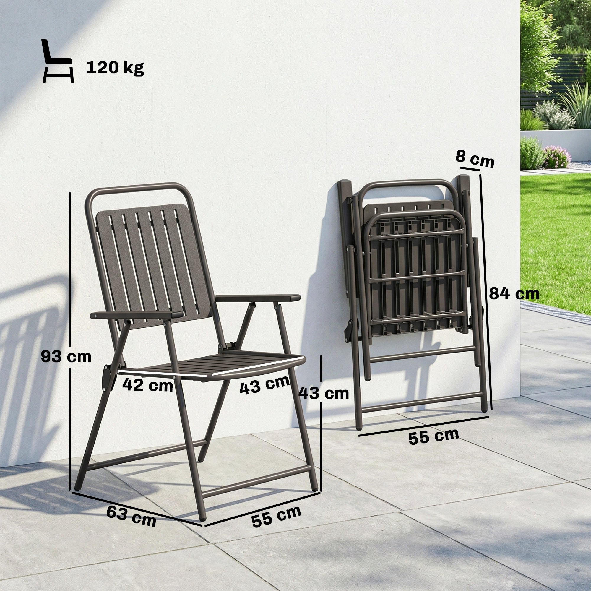 Outsunny Juego de 4 Sillas de Jardín Exterior Plegables, Sillas Terraza Exterior con Reposabrazos, Respaldo y Asiento de PP, Marco Metálico, 55x63x93 cm, Marrón