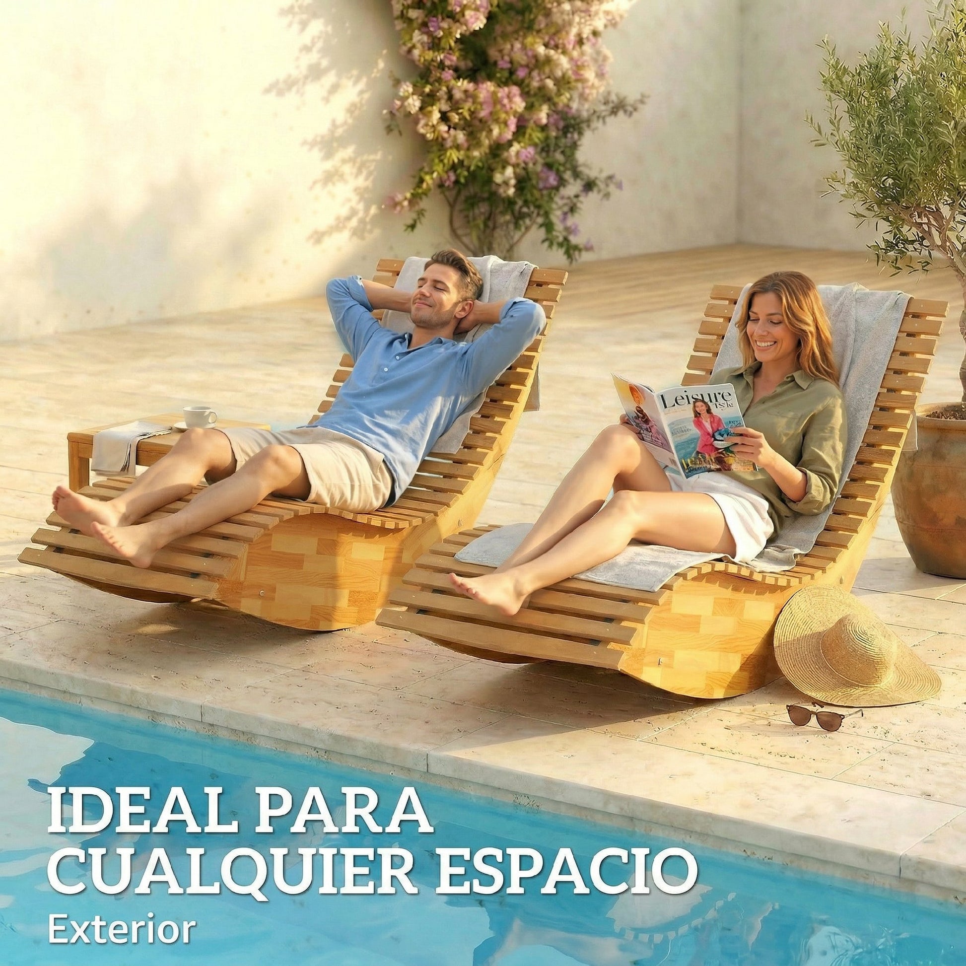 Outsunny Pack de 2 Sillas Mecedoras de Jardín de Madera, Mecedoras para Exterior Ergonómica Plegables con Diseño Listonado, para Balcón, Terraza, Patio, Carga 120 kg, 60x156x77 cm, Natural