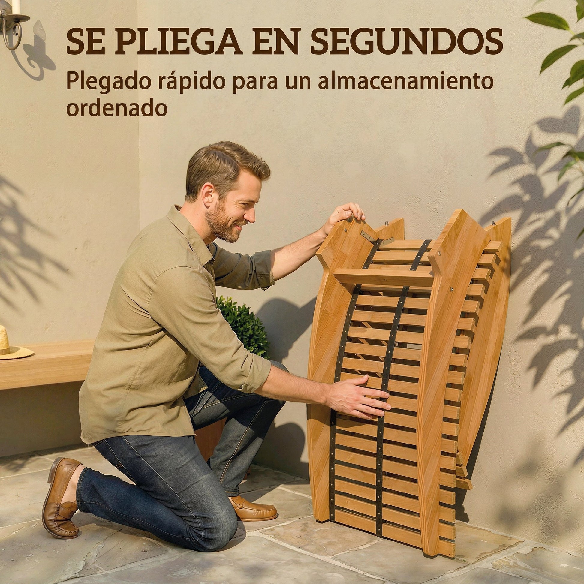 Outsunny Pack de 2 Sillas Mecedoras de Jardín de Madera, Mecedoras para Exterior Ergonómica Plegables con Diseño Listonado, para Balcón, Terraza, Patio, Carga 120 kg, 60x156x77 cm, Natural