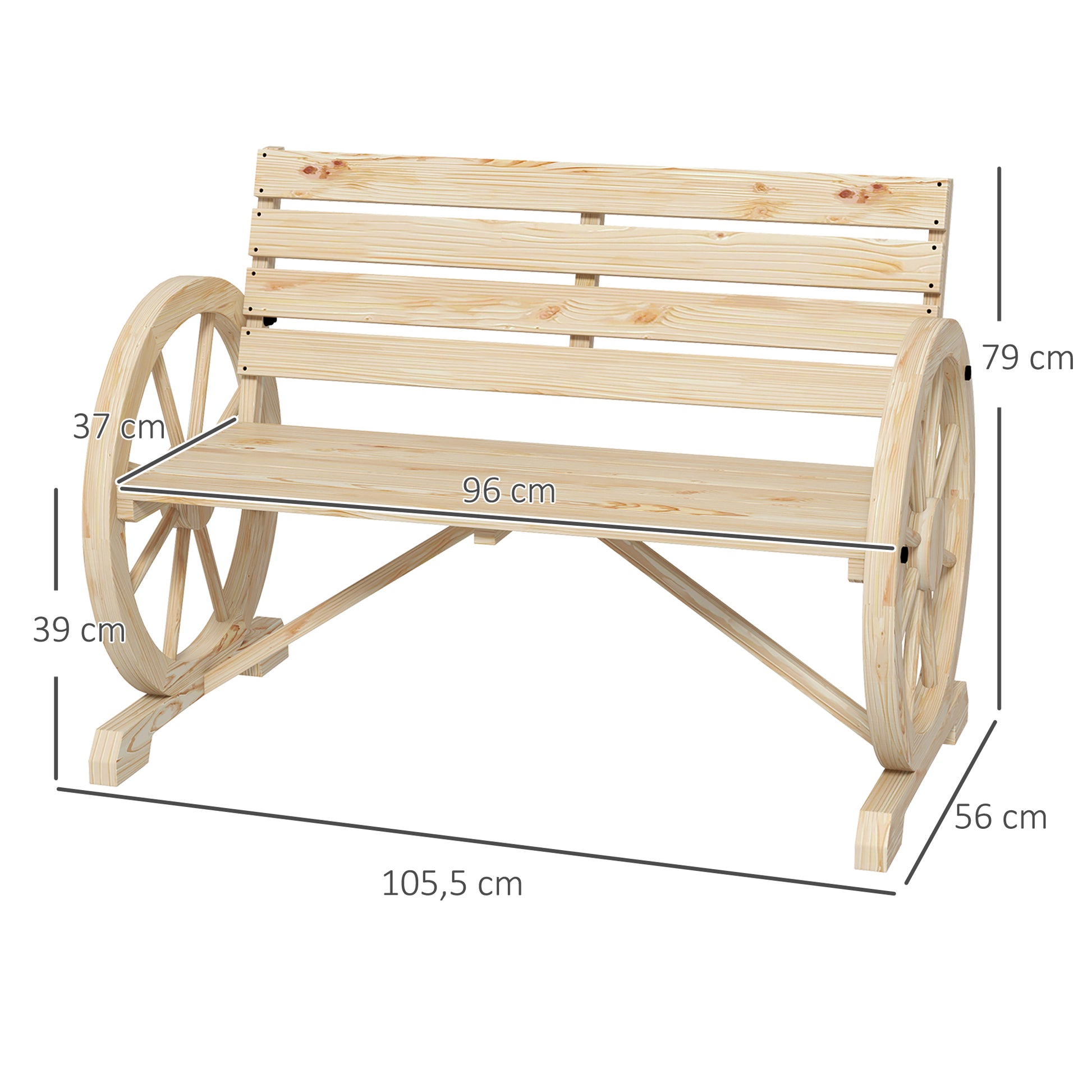 Outsunny Banco de Jardín de Madera, Banco de Exterior con Reposabrazos en Forma de Rueda, Estilo Rústico, Carga 240 kg, de 2 Plazas, para Patio, Terraza, 105,5x56x79 cm, Madera Natural