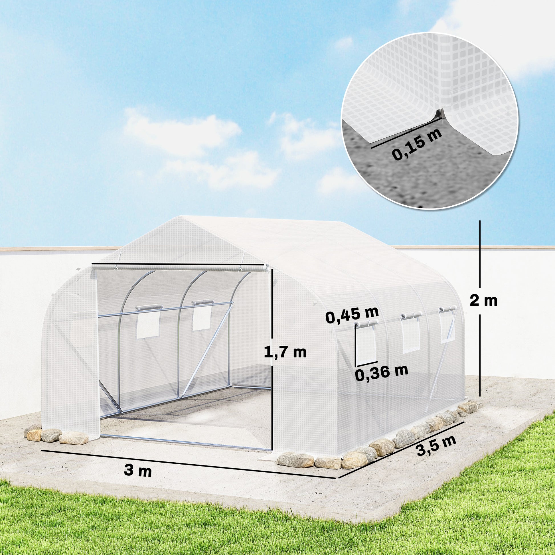 Outsunny Invernadero de Exterior Invernadero de Túnel 445x300x205 cm Invernadero de Jardín con 6 Ventanas y Cubierta de Polietileno PE 140 g/m² para Plantas Flores Verduras en Patio Blanco