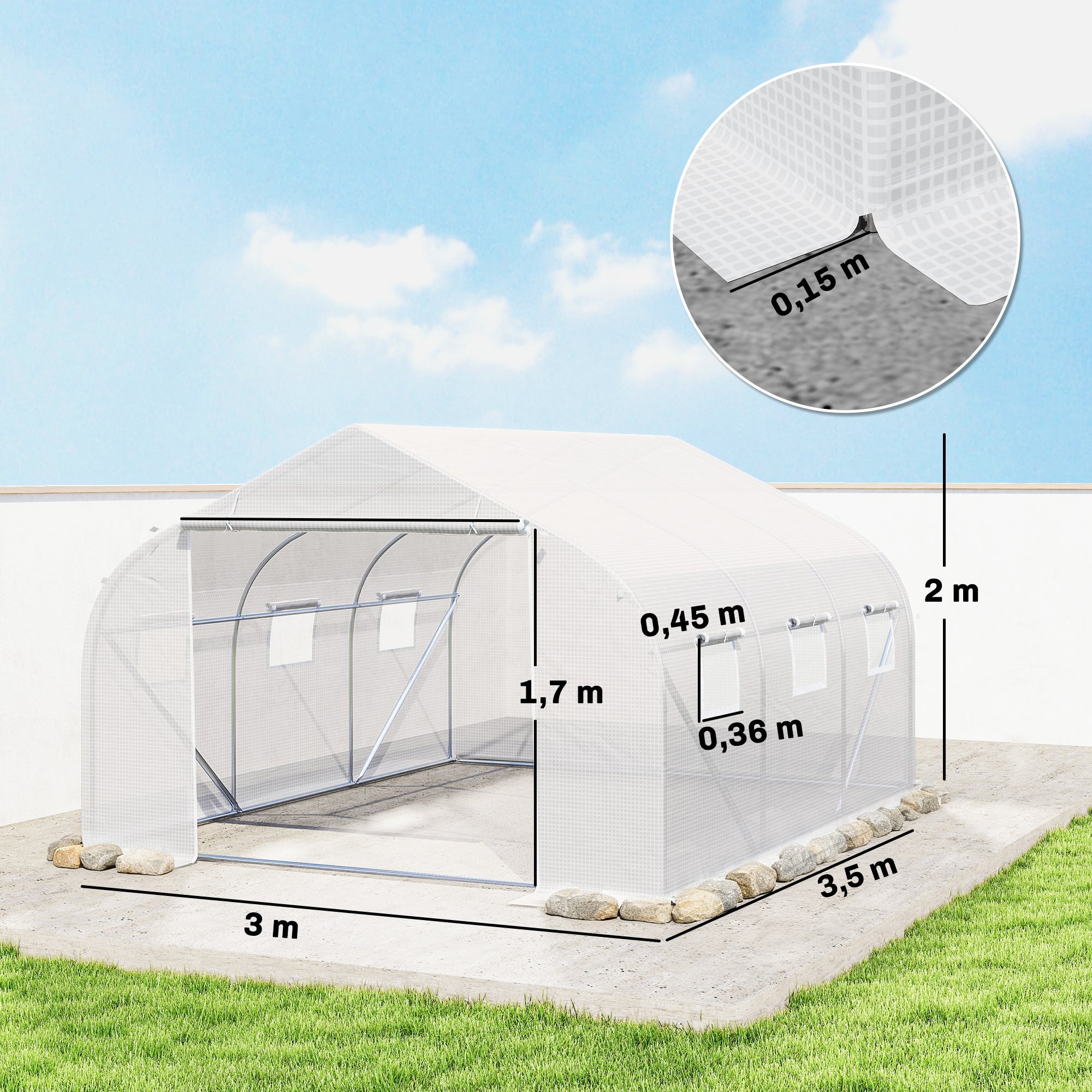 Outsunny Invernadero de Exterior Invernadero de Túnel 445x300x205 cm Invernadero de Jardín con 6 Ventanas y Cubierta de Polietileno PE 140 g/m² para Plantas Flores Verduras en Patio Blanco