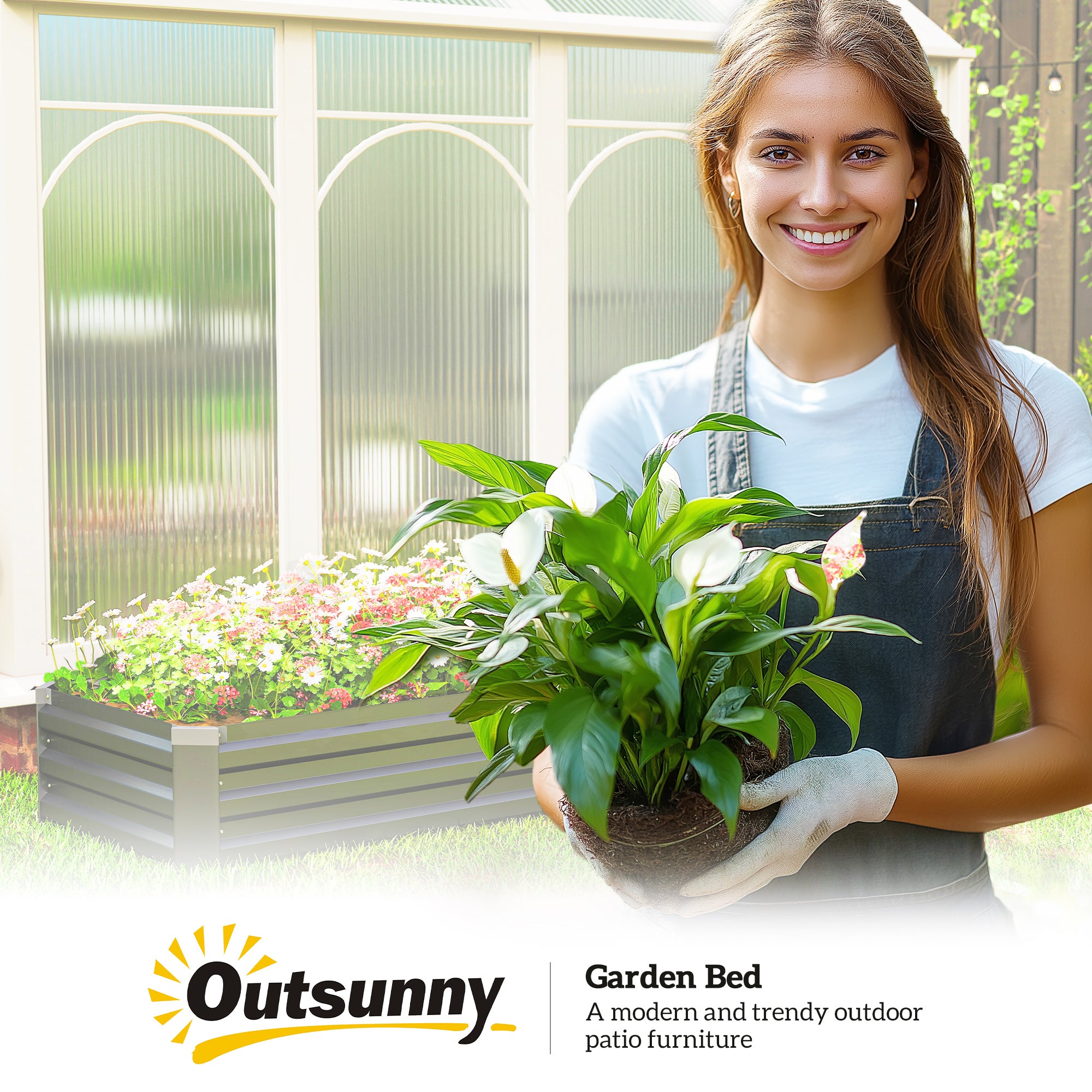 Outsunny Jardinera Exterior Grande Rectangular de Acero Galvanizado, Huerto Urbano para Cultivar Plantas Hierba, Macetero Grande Exterior con Base Abierta Resistente a la Intemperie 240x60x30 cm Gris