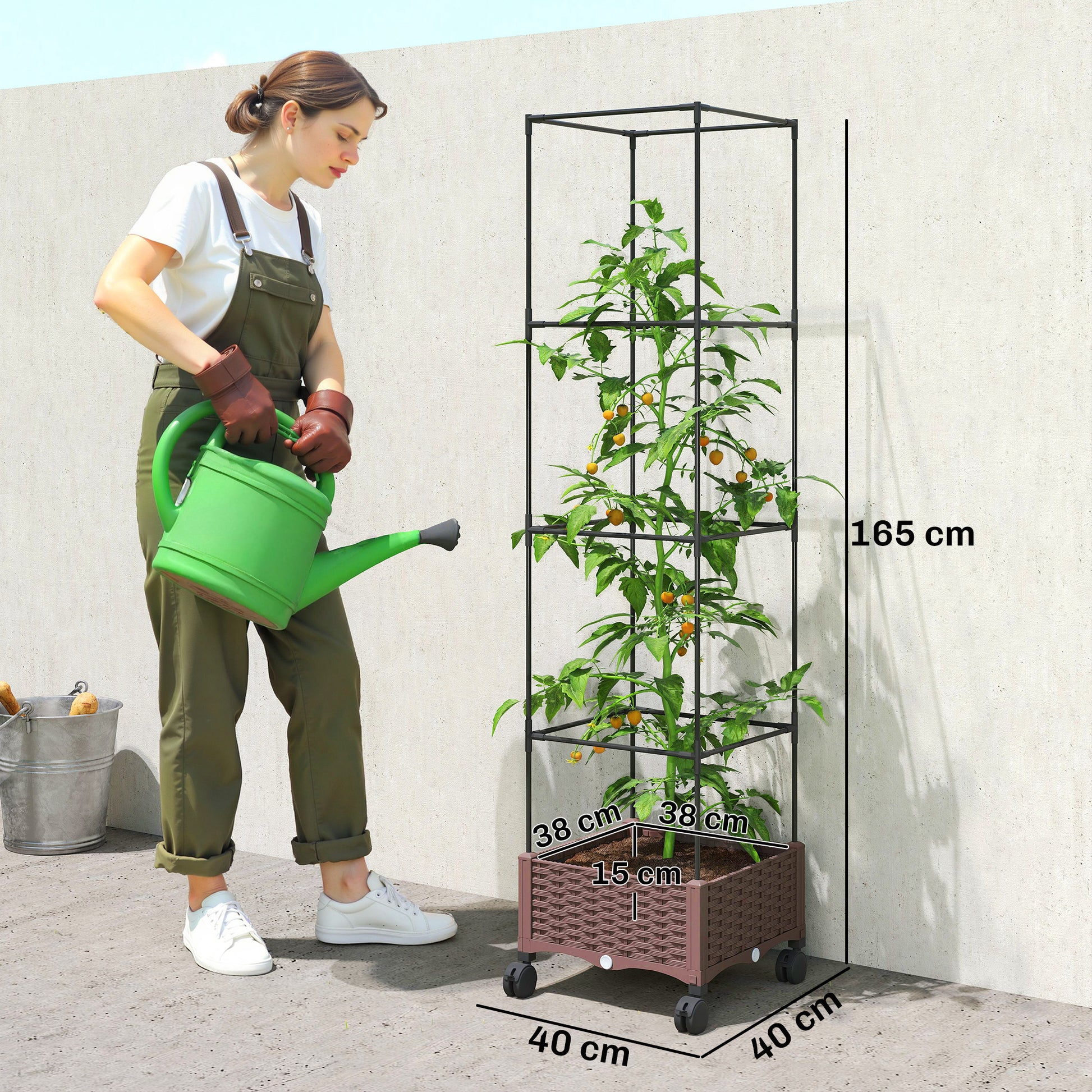 Outsunny Jardinera con Enrejado Ajustable, Jardinera Exterior con Ruedas Bloqueables para Plantas Trepadoras con Ofricios de Drenaje, Macetero Elevado para Jardín, Patio, Terraza, 40x40x165 cm, Marrón