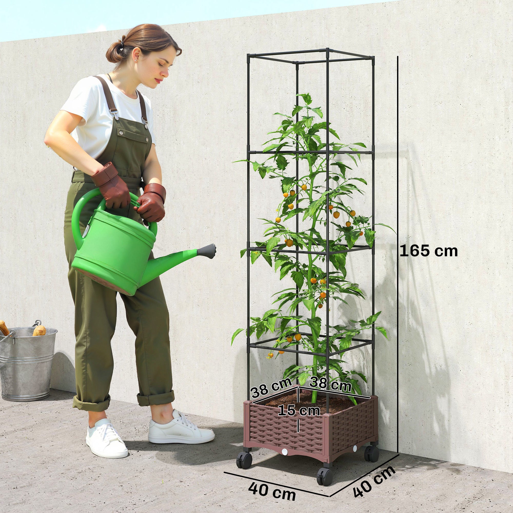 Outsunny Jardinera con Enrejado Ajustable, Jardinera Exterior con Ruedas Bloqueables para Plantas Trepadoras con Ofricios de Drenaje, Macetero Elevado para Jardín, Patio, Terraza, 40x40x165 cm, Marrón
