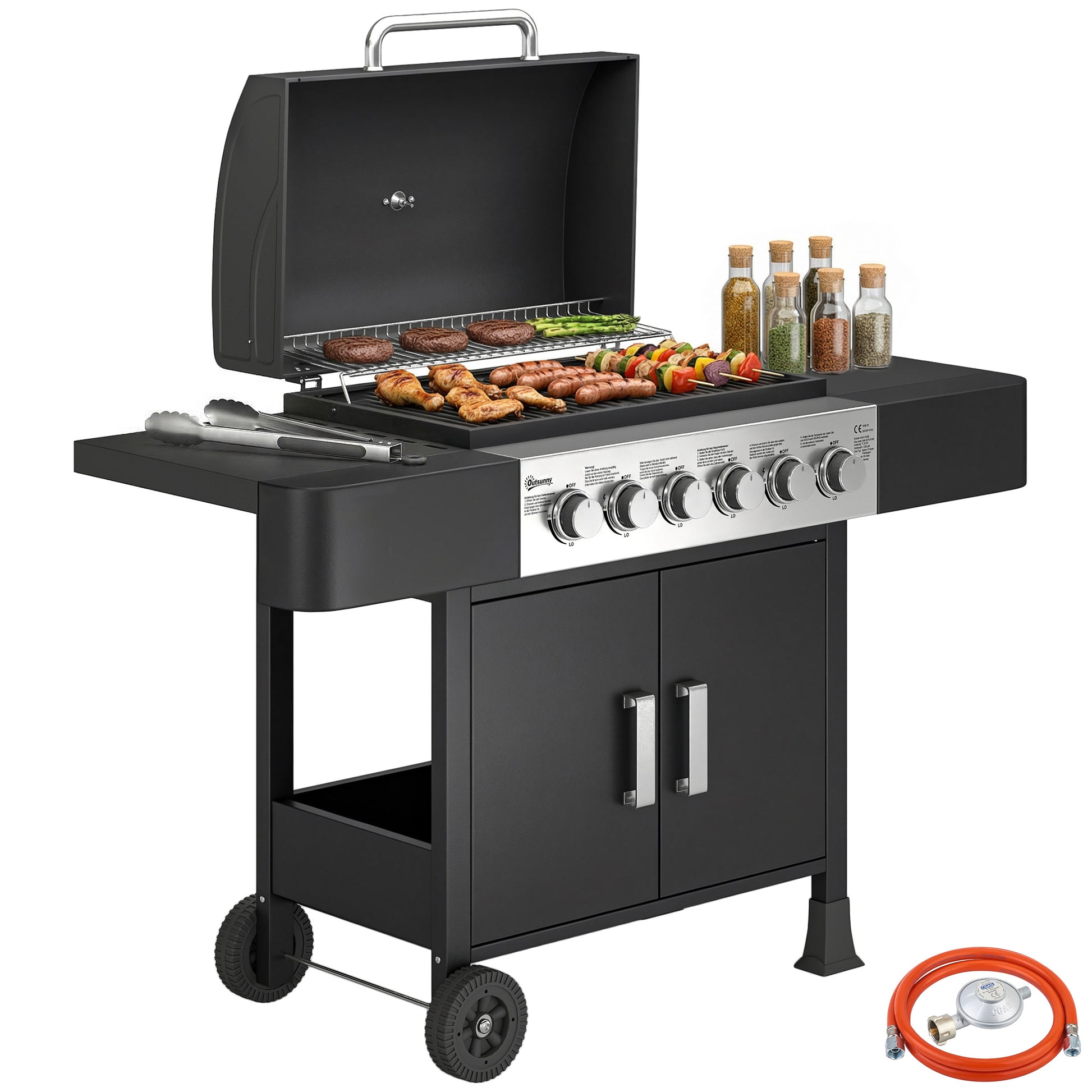 Outsunny Barbacoa de Gas BBQ Gas con 6 Quemadores 15 kW Barbacoa Portátil con Termómetro Tapa 2 Mesas Laterales Armario Rejilla Calentadora Parrilla Recogedor Grasa Asa 2 Ruedas Negro