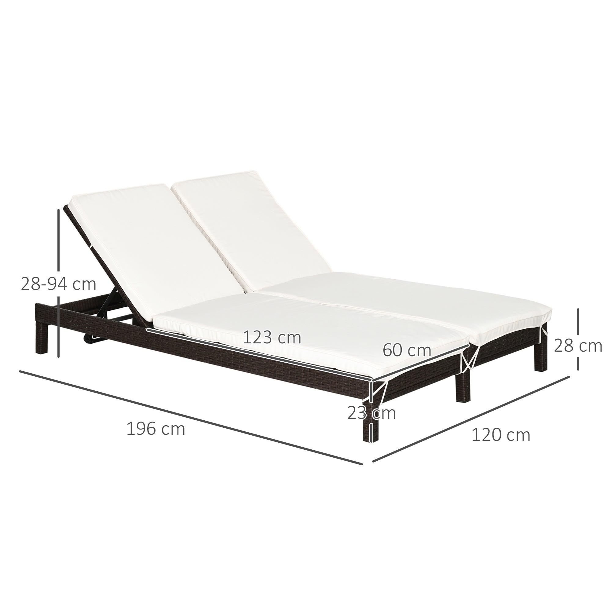 Outsunny Conjunto de Tumbona Exterior de Ratán 2 Plazas con Cojines Acolchados Resistente al Agua con Respaldo Regulable de 5 Niveles Soporta 220 kg 195x120x28 cm Marrón