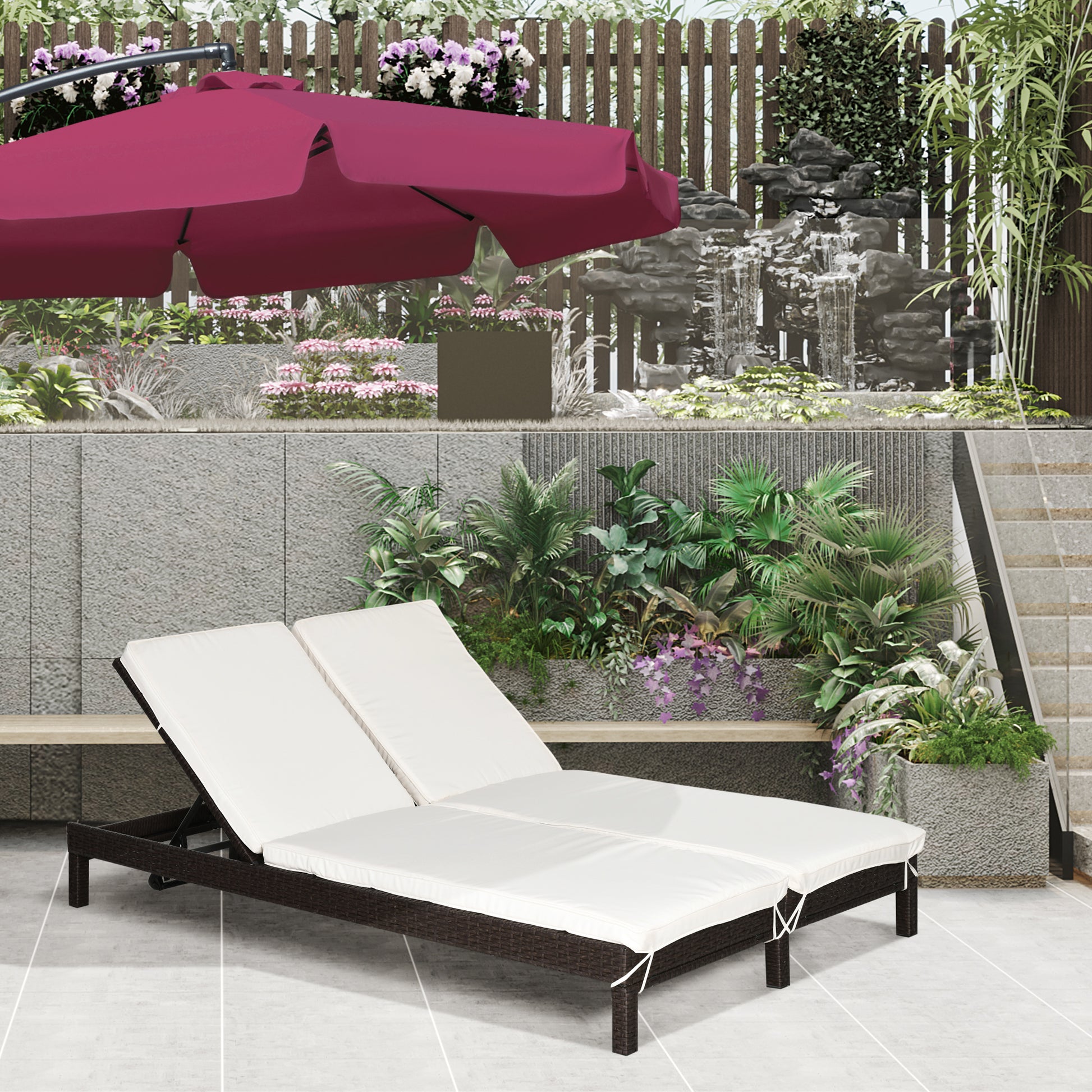 Outsunny Conjunto de Tumbona Exterior de Ratán 2 Plazas con Cojines Acolchados Resistente al Agua con Respaldo Regulable de 5 Niveles Soporta 220 kg 195x120x28 cm Marrón
