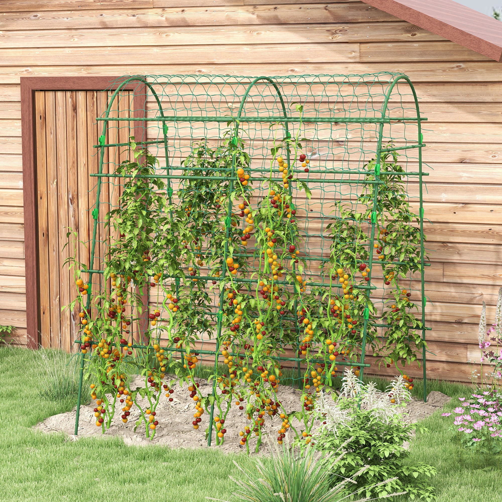 Outsunny Enrejado de Pepino 206 cm, Enrejado de Jardín de Arco para Plantas Trepadoras al Aire Libre, en Forma de U, con Estructura de Acero Recubierta de PE y Red, Soporte para Verduras, Frutas