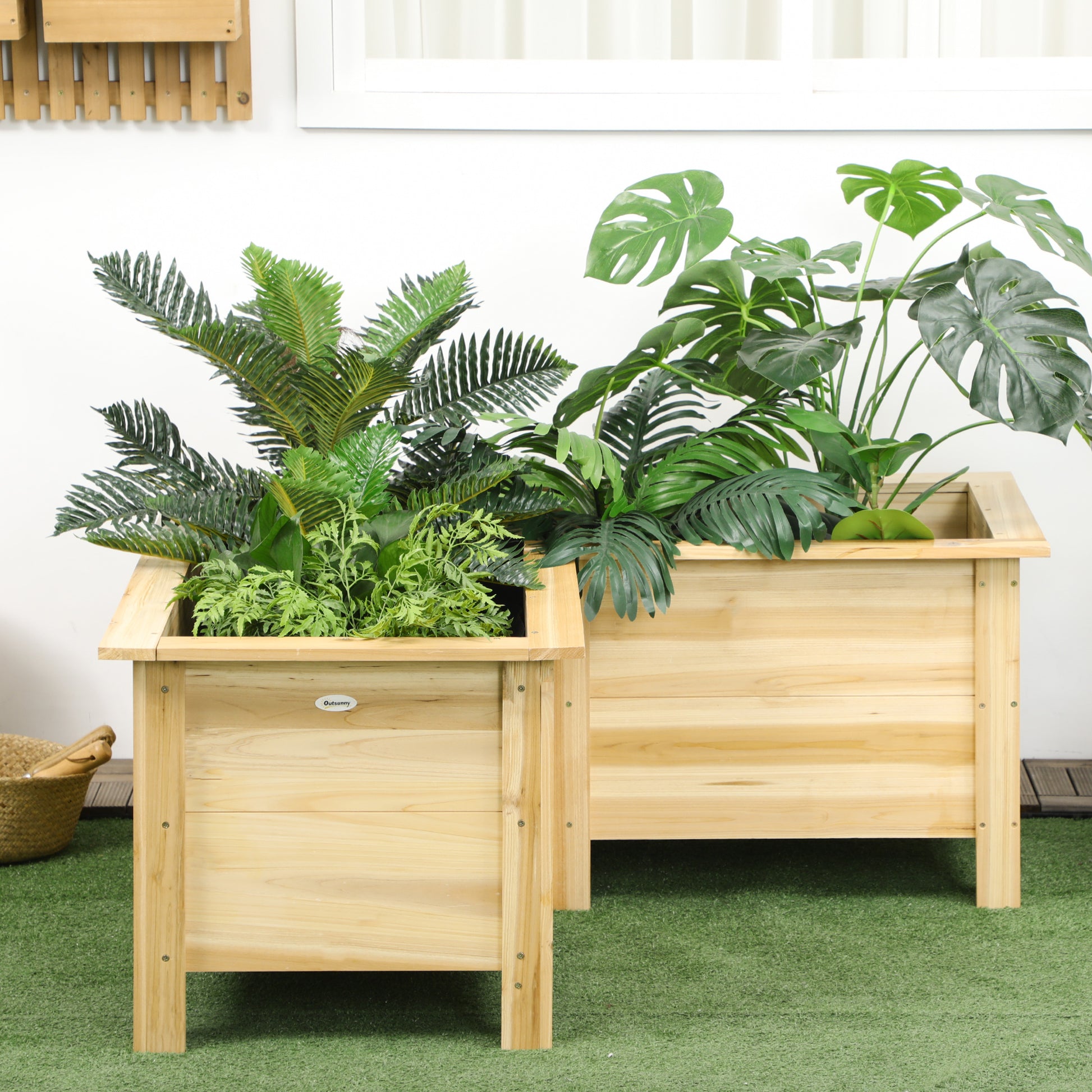Outsunny Jardinera Elevada de Madera, Macetero Exterior en Forma de L con Tela no Tejido, Huerto Urbano para Cultivos de Plantas, Flores en Terraza, Jardín, 120x120x50 cm, Natural