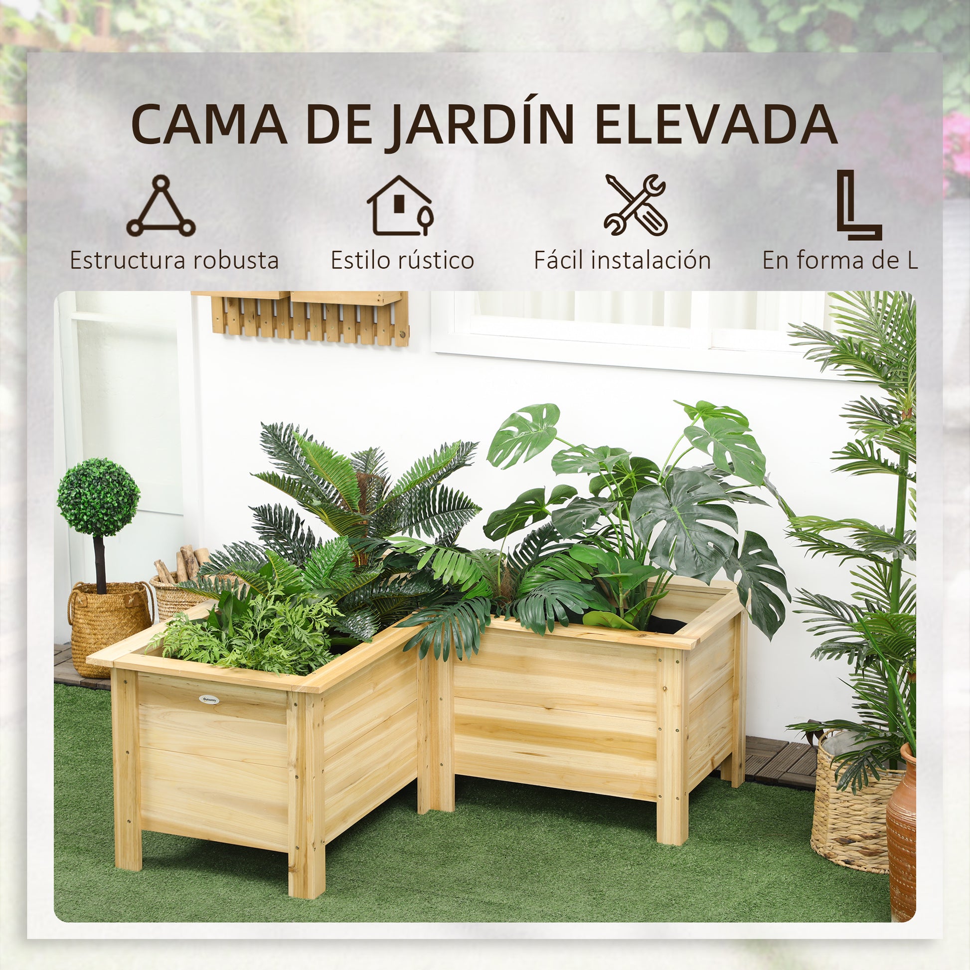 Outsunny Jardinera Elevada de Madera, Macetero Exterior en Forma de L con Tela no Tejido, Huerto Urbano para Cultivos de Plantas, Flores en Terraza, Jardín, 120x120x50 cm, Natural