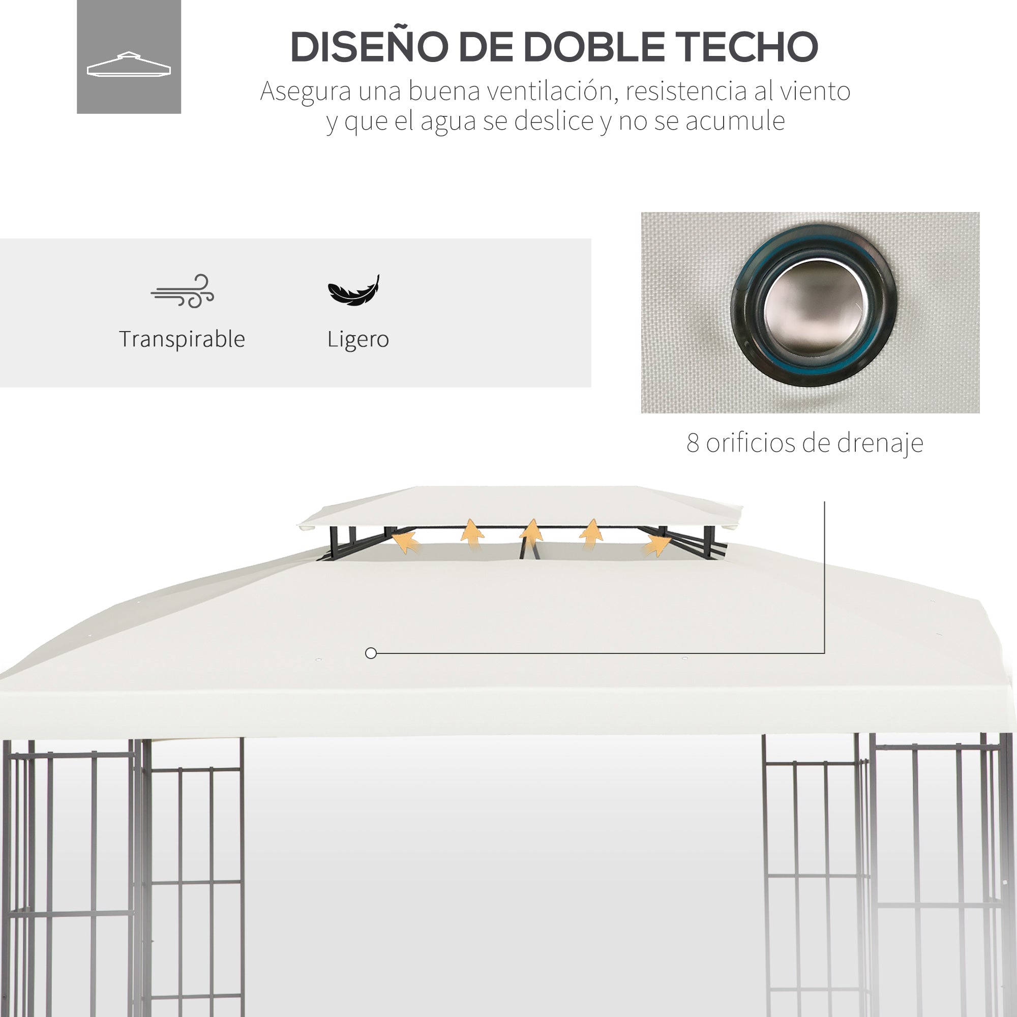 Outsunny Techo de Repuesto 4x3 m para Cenador de Jardín Cubierta de Reemplazo para Pabellón de 2 Niveles Transpirable con 8 Orificios de Drenaje para Patio Exterior Beige