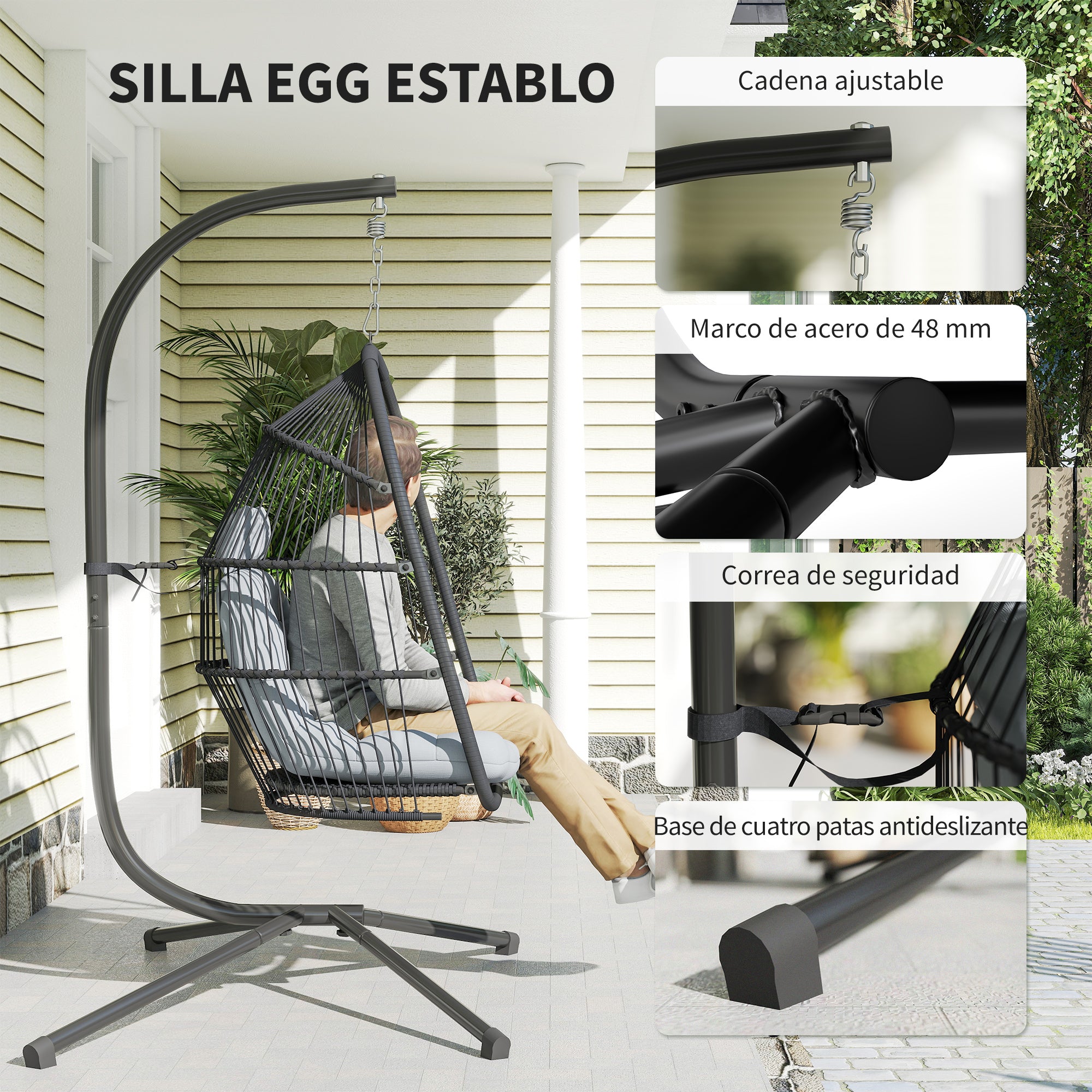 Outsunny Silla Colgante Huevo con Soporte, Columpio Jardín Exterior con Cesta Plegable, Cojín Anti-UV y Reposacabezas Desmontable para Interior y Exterior, Carga 150 kg, Gris Oscuro
