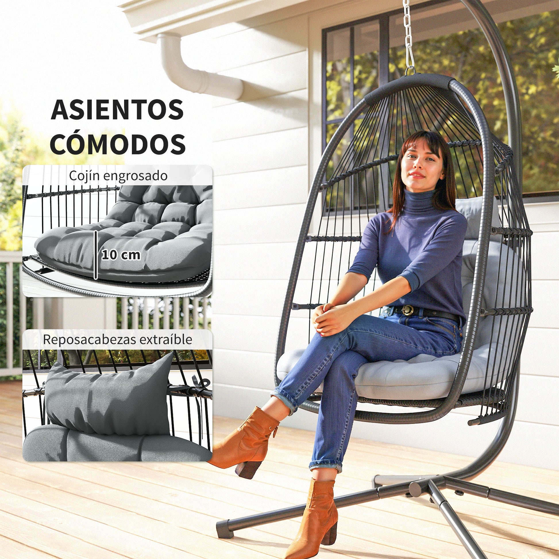 Outsunny Silla Colgante Huevo con Soporte, Columpio Jardín Exterior con Cesta Plegable, Cojín Anti-UV y Reposacabezas Desmontable para Interior y Exterior, Carga 150 kg, Gris Oscuro
