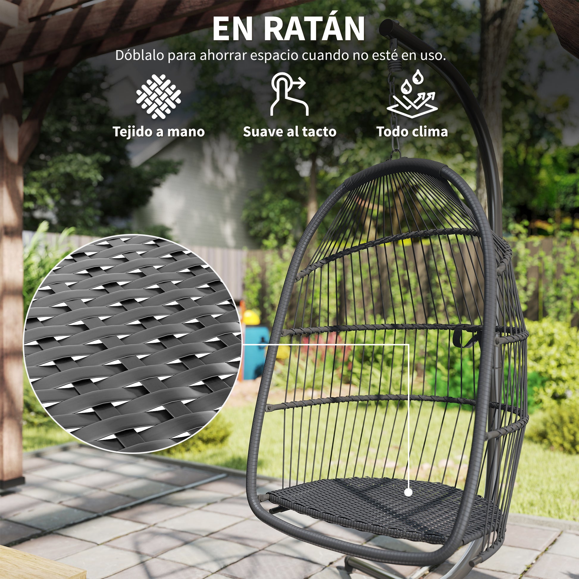 Outsunny Silla Colgante Huevo con Soporte, Columpio Jardín Exterior con Cesta Plegable, Cojín Anti-UV y Reposacabezas Desmontable para Interior y Exterior, Carga 150 kg, Gris Oscuro