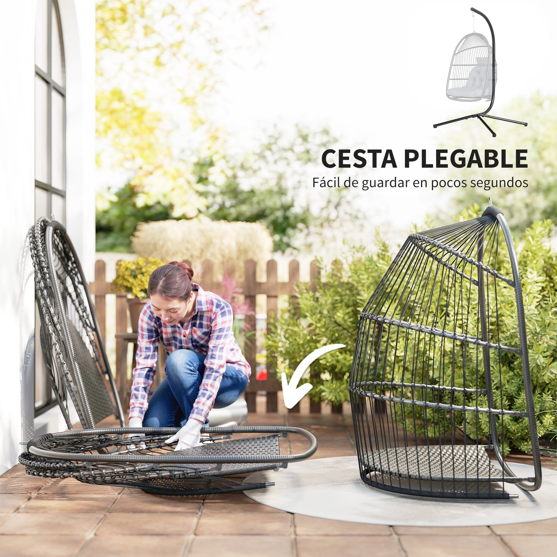 Outsunny Silla Colgante Huevo con Soporte, Columpio Jardín Exterior con Cesta Plegable, Cojín Anti-UV y Reposacabezas Desmontable para Interior y Exterior, Carga 150 kg, Gris Oscuro