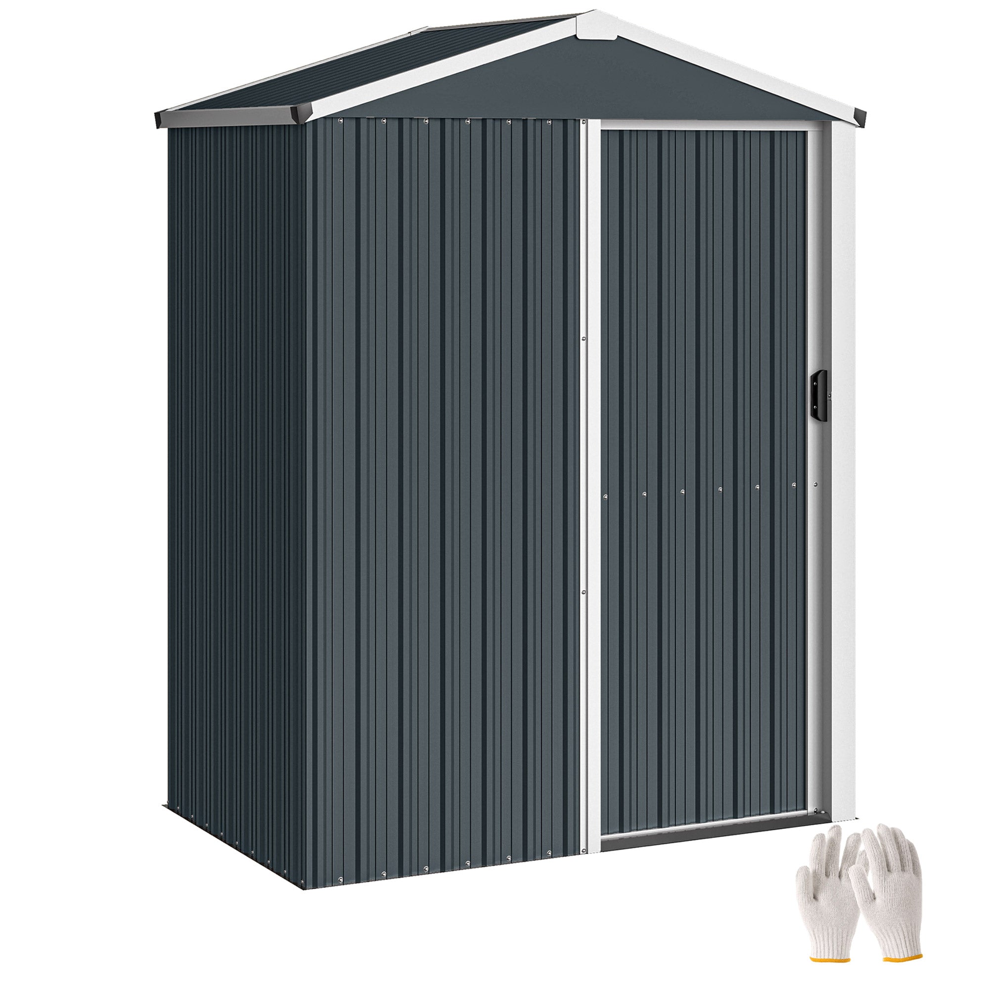 Outsunny Caseta de Jardín Exterior 1,1 m², 136x87x179 cm, Cobertizo de Jardín Exterior Metálico con Puerta Corredera, Techo Inclinado y Guantes, para Almacenaje de Herramientas Bicicletas, Gris Oscuro