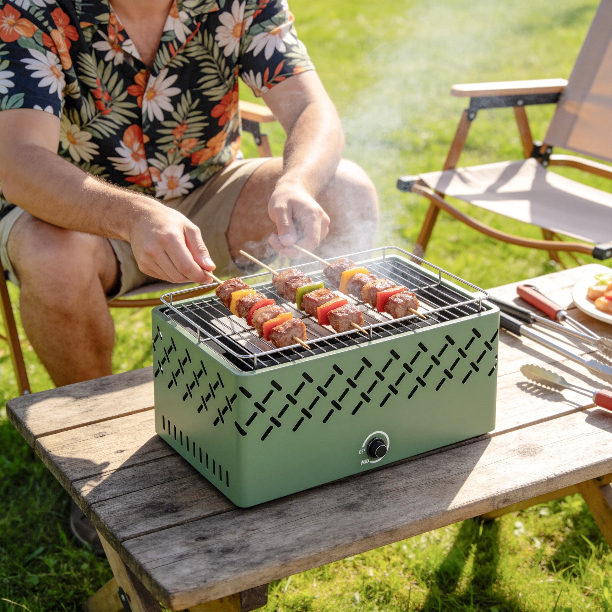 Outsunny Barbacoa de Carbón, Barbacoa Portátil, 45,5x29x21 cm, con Ventilador Integrado, Temperatura Ajustable y Bandeja de Carbón, para Camping, Picnic, Fiesta en Jardín, Verde Claro