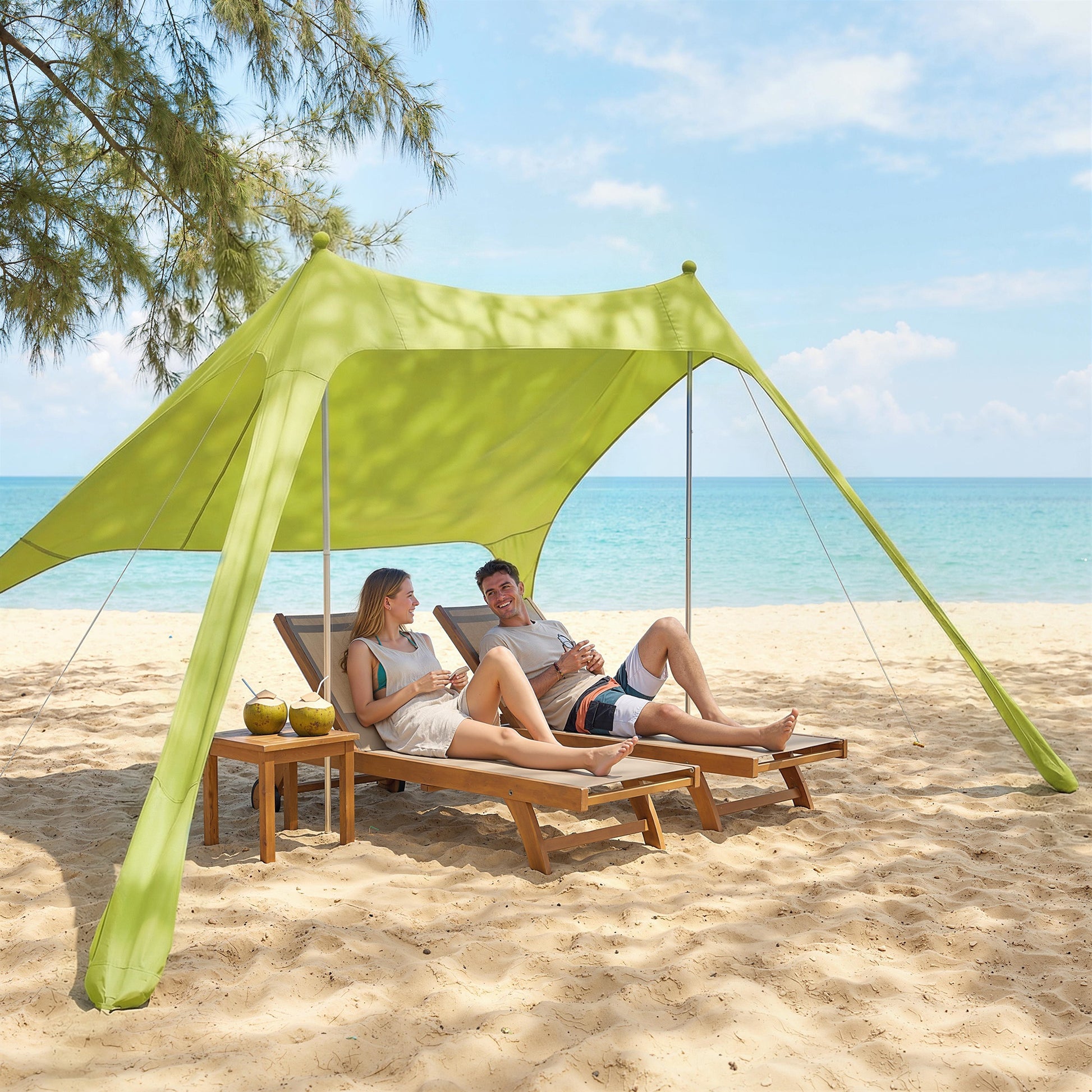 Outsunny Carpa Playa Plegable 208x200 cm, Toldo Playa Portátil para 2-4 Personas con Esterilla, UPF50+, Postes de Aluminio, Pala, Estacas y Bolsa de Transporte Impermeable, para Camping, Pesca, Verde