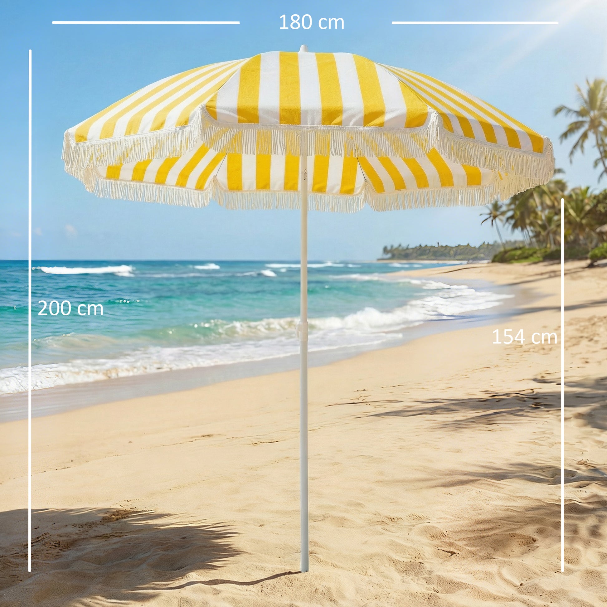 Outsunny Sombrilla de Playa con Flecos Ø180 cm, Sombrilla de Terraza Exterior con Altura Ajustable, Inclinación 30°, Anclaje Arena y Bolsa de Transporte, Amarillo y Blanco