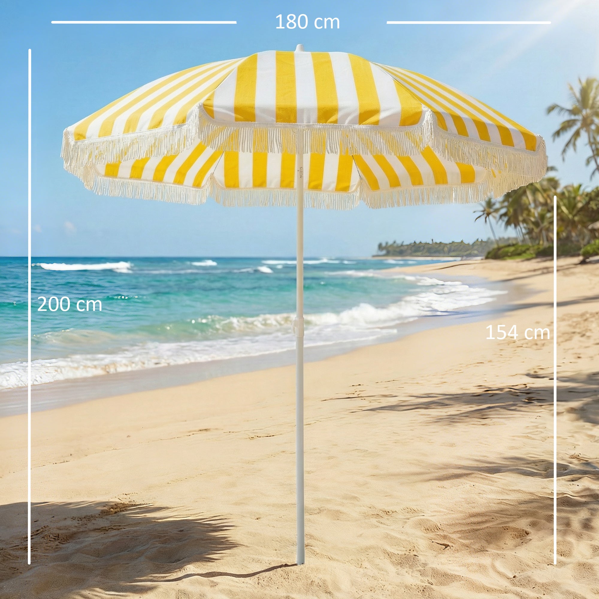 Outsunny Sombrilla de Playa con Flecos Ø180 cm, Sombrilla de Terraza Exterior con Altura Ajustable, Inclinación 30°, Anclaje Arena y Bolsa de Transporte, Amarillo y Blanco