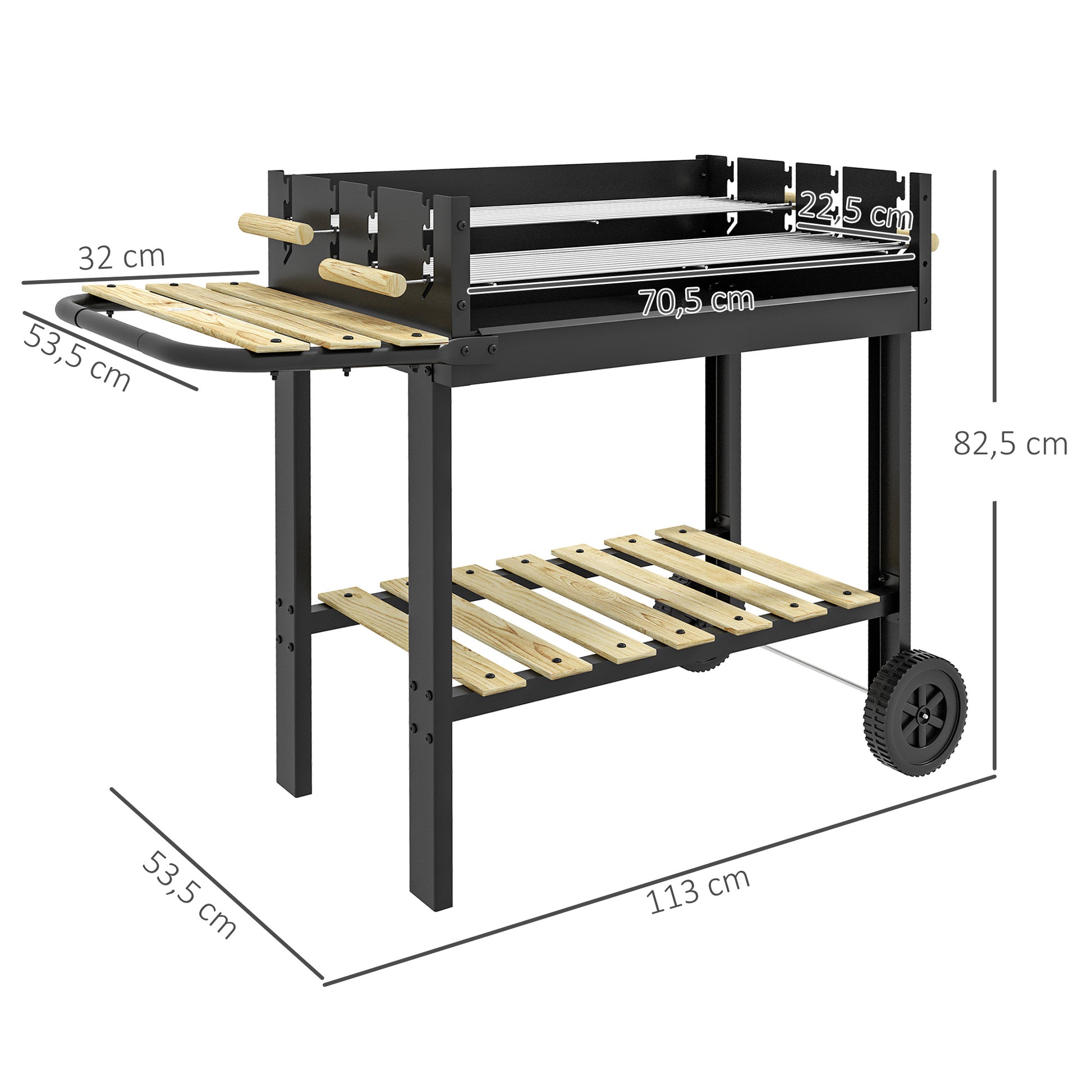 Outsunny Barbacoa de Carbón, Barbacoa Portátil, 113x53,5x82,5 cm, con 2 Parrillas Alturas Ajustables, Mesa Lateral, Estante y Ruedas, para Jardín o Fiesta al Aire Libre, Negro