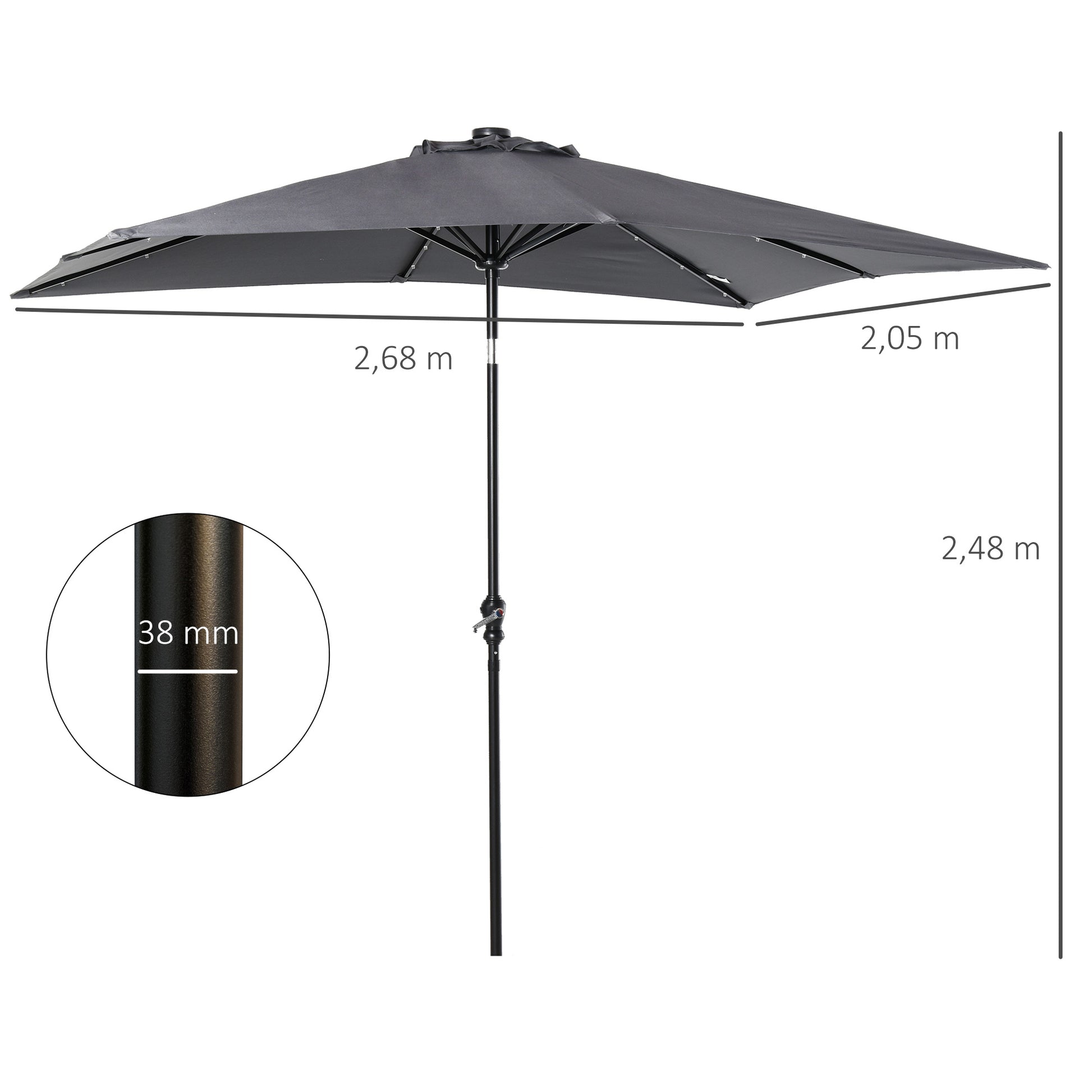 Outsunny Sombrilla Terraza Exterior 268x205x248 cm Sombrilla de Jardín con Techo Inclinable hasta 45° Luces LED Solares Poste de Acero y Manivela Parasol para Patio Terraza Gris Oscuro