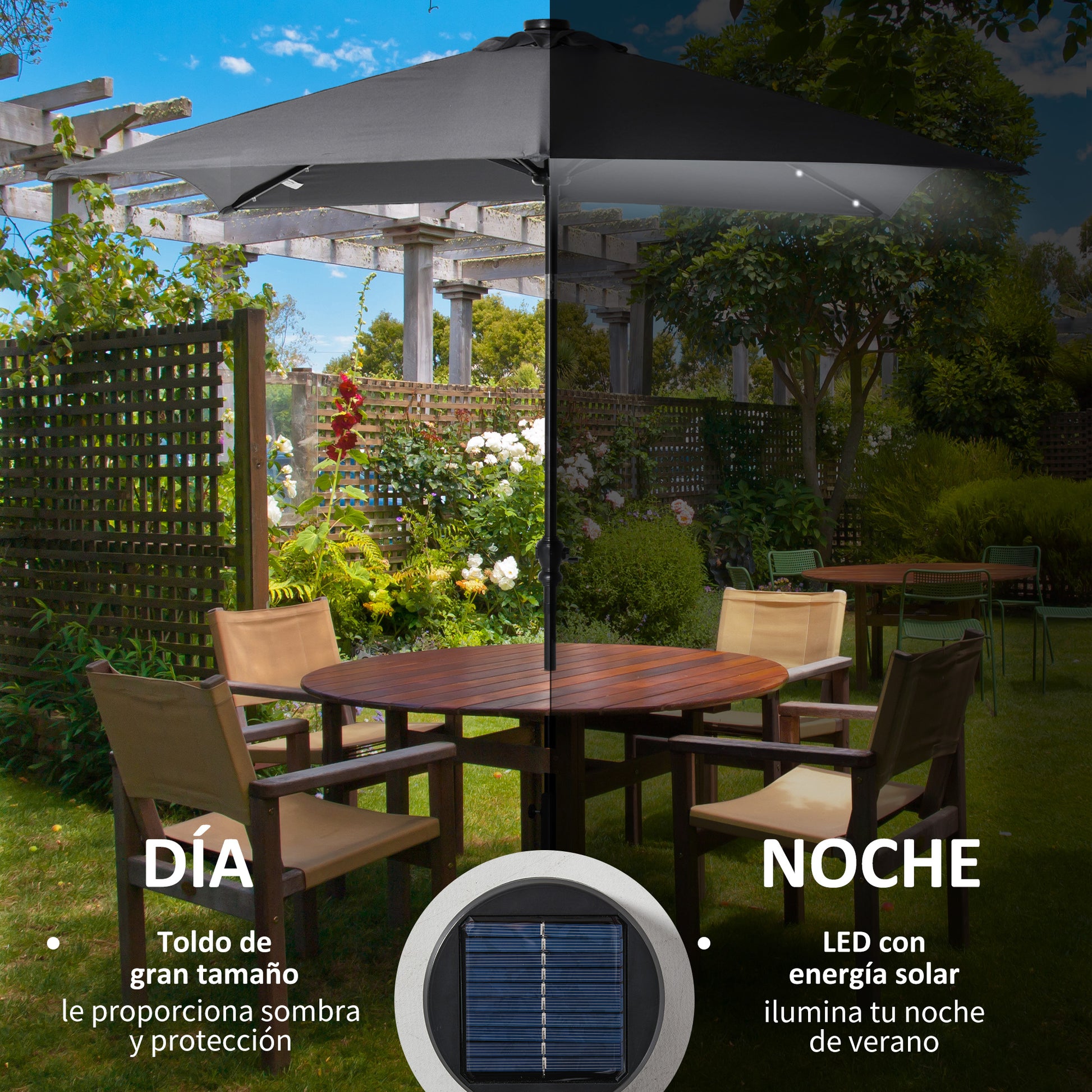 Outsunny Sombrilla Terraza Exterior 268x205x248 cm Sombrilla de Jardín con Techo Inclinable hasta 45° Luces LED Solares Poste de Acero y Manivela Parasol para Patio Terraza Gris Oscuro