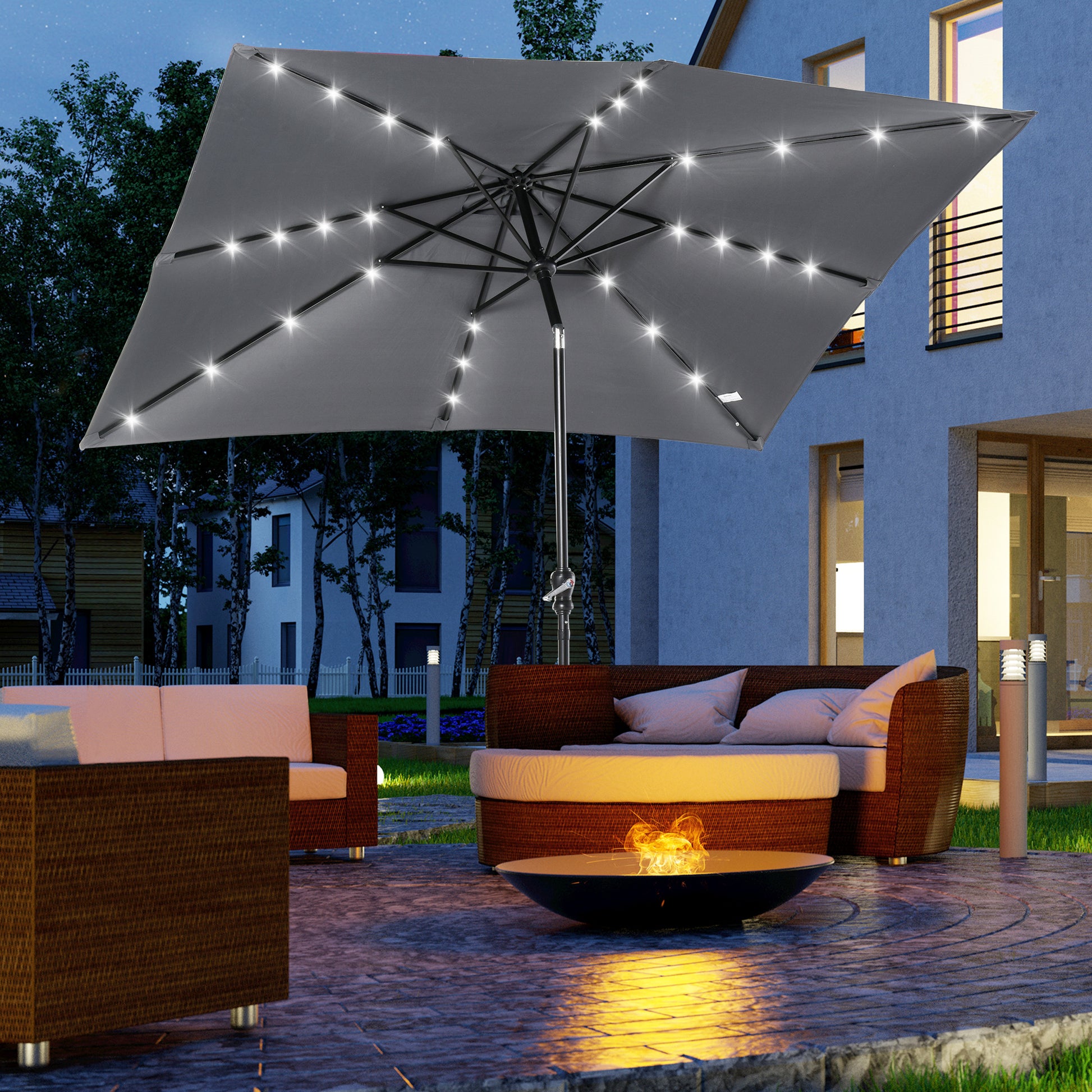 Outsunny Sombrilla Terraza Exterior 268x205x248 cm Sombrilla de Jardín con Techo Inclinable hasta 45° Luces LED Solares Poste de Acero y Manivela Parasol para Patio Terraza Gris Oscuro