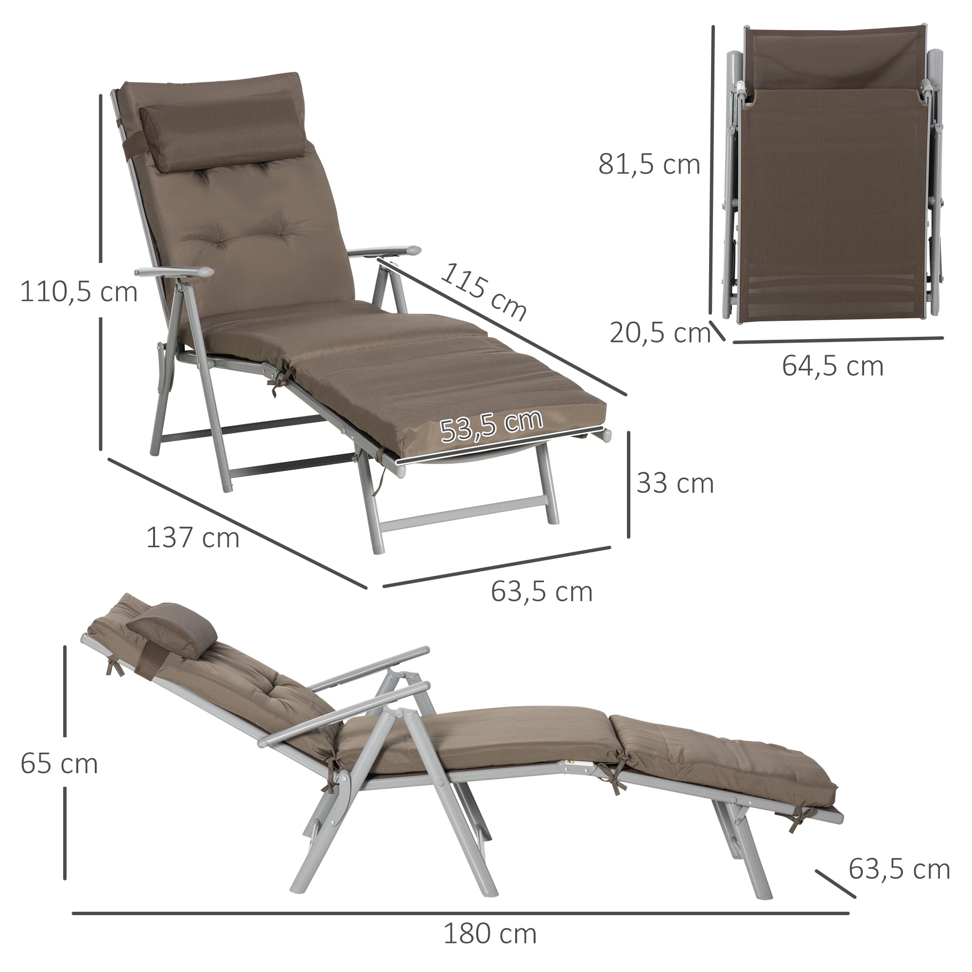 Outsunny Tumbona Plegable Tumbona de Jardín con Respaldo Ajustable en 7 Posiciones con Cojín Cuerpo Entero y Cabeza para Terraza Piscina Carga 165 kg 137x63,5x100,5 cm Marrón