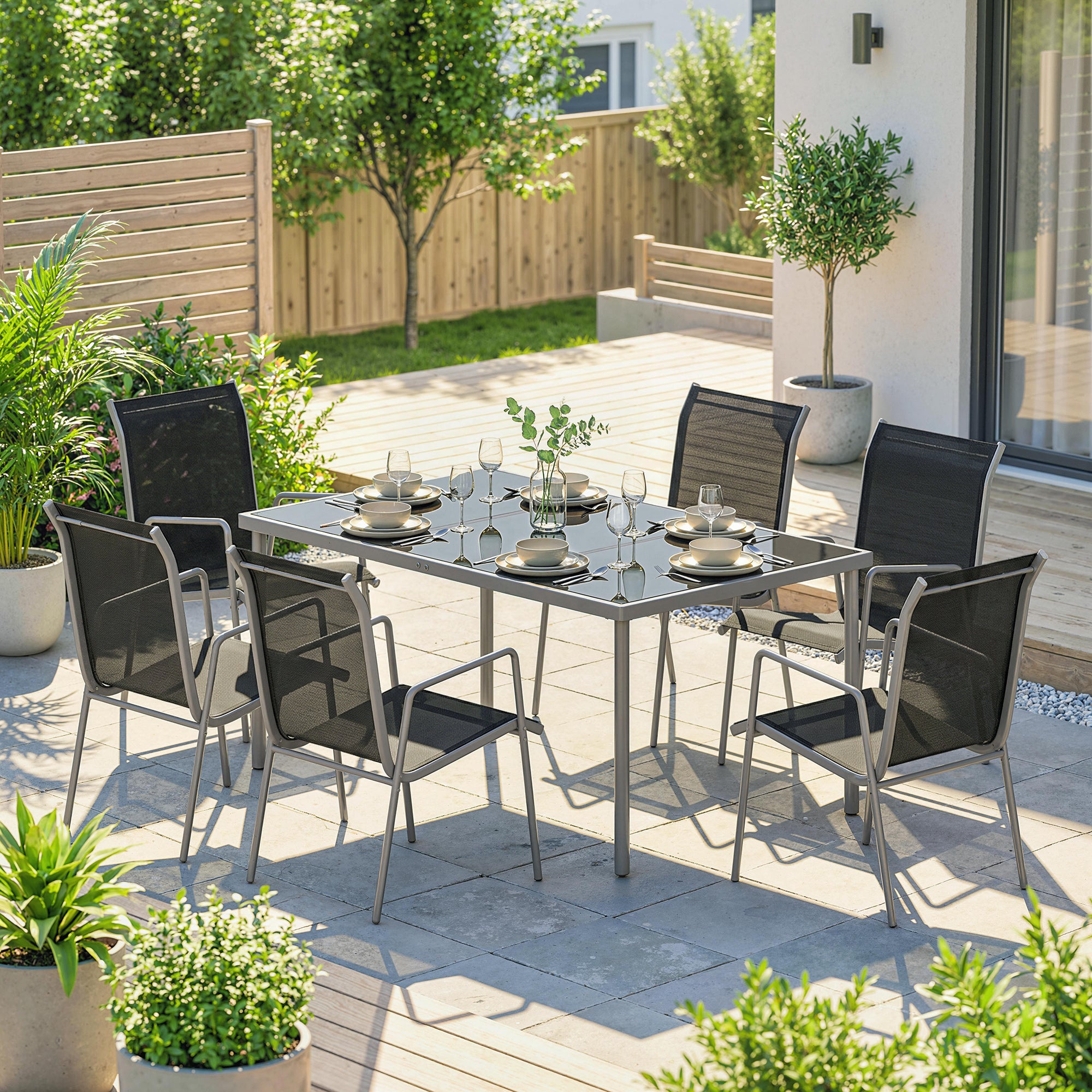 Outsunny Conjunto de Mesa y Sillas Jardín de 7 Piezas, Muebles Jardín Exterior con Mesa de Vidrio Templado, 6 Sillas Apilables Transpirables, Marco de Metal Resistente a la Intemperie, Negro y Plata
