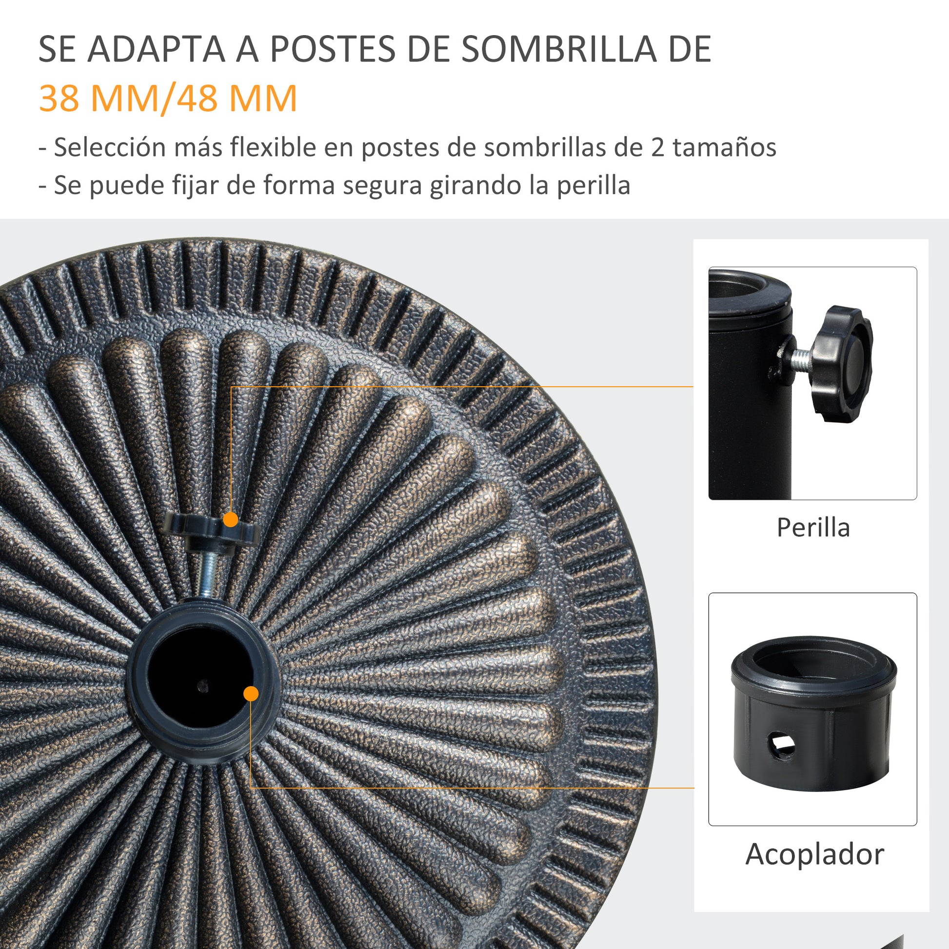 Outsunny Base de Sombrilla de Jardín Peso Neto 14,28 kg Soporte de Parasol Redondo Apto para Postes de 38mm/48mm Resina y Acero para Terraza Patio Exterior Ø48,5x33 cm Bronce