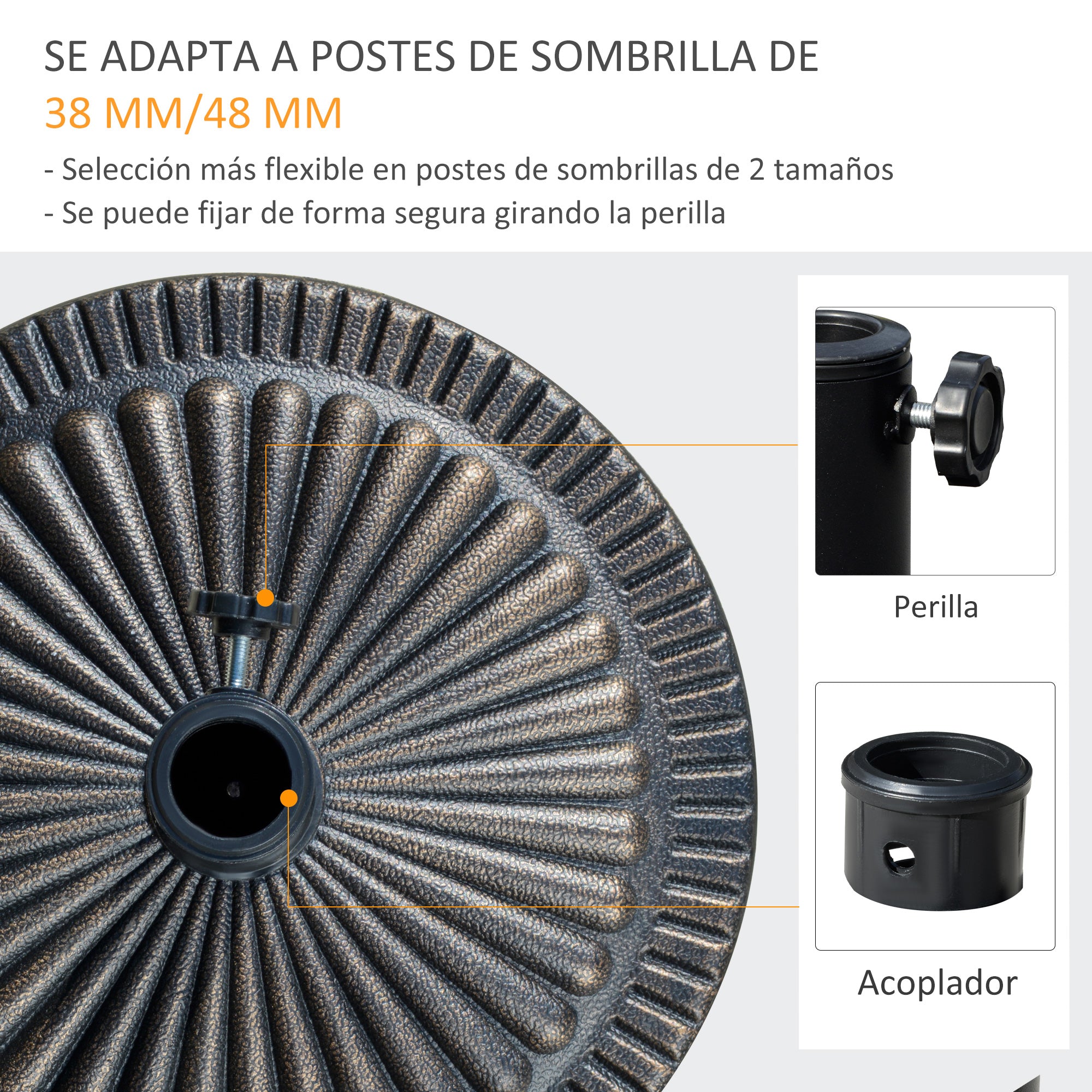 Outsunny Base de Sombrilla de Jardín Peso Neto 14,28 kg Soporte de Parasol Redondo Apto para Postes de 38mm/48mm Resina y Acero para Terraza Patio Exterior Ø48,5x33 cm Bronce