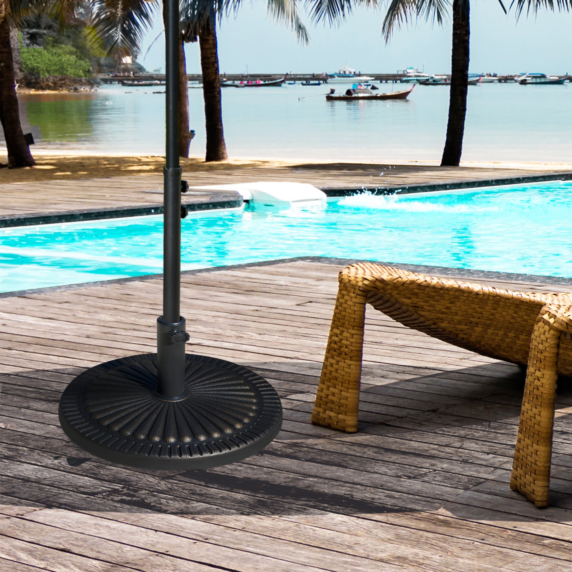 Outsunny Base de Sombrilla de Jardín Peso Neto 14,28 kg Soporte de Parasol Redondo Apto para Postes de 38mm/48mm Resina y Acero para Terraza Patio Exterior Ø48,5x33 cm Bronce