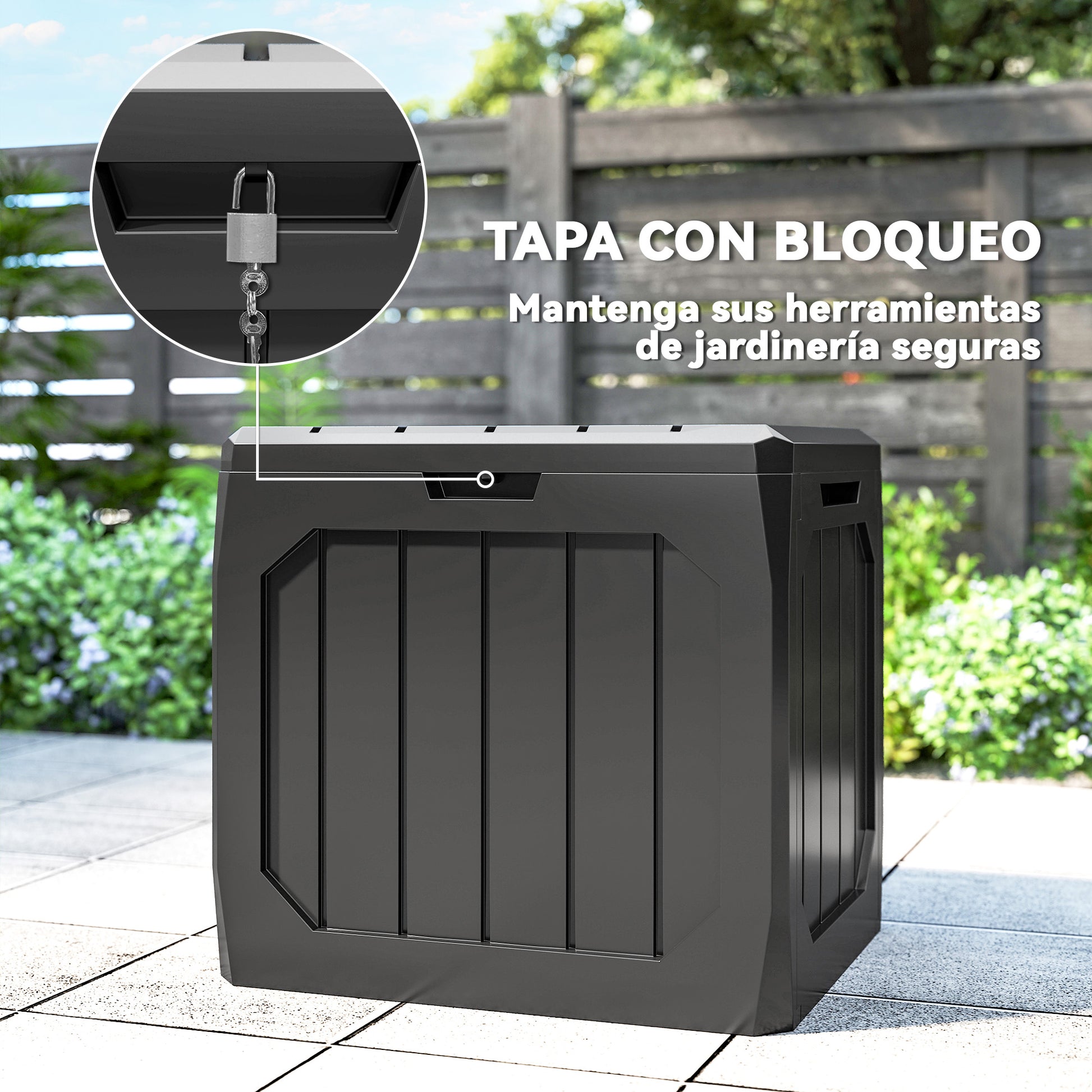 Outsunny Arcón Exterior Capacidad 121L, Baúl Almacenaje Exterior de Plástico con 2 Asas y Tapa Bloqueable, Impermeable, Resistente a la Intemperie, para Jardín, Terraza, Patio, 56x45x53 cm, Negro