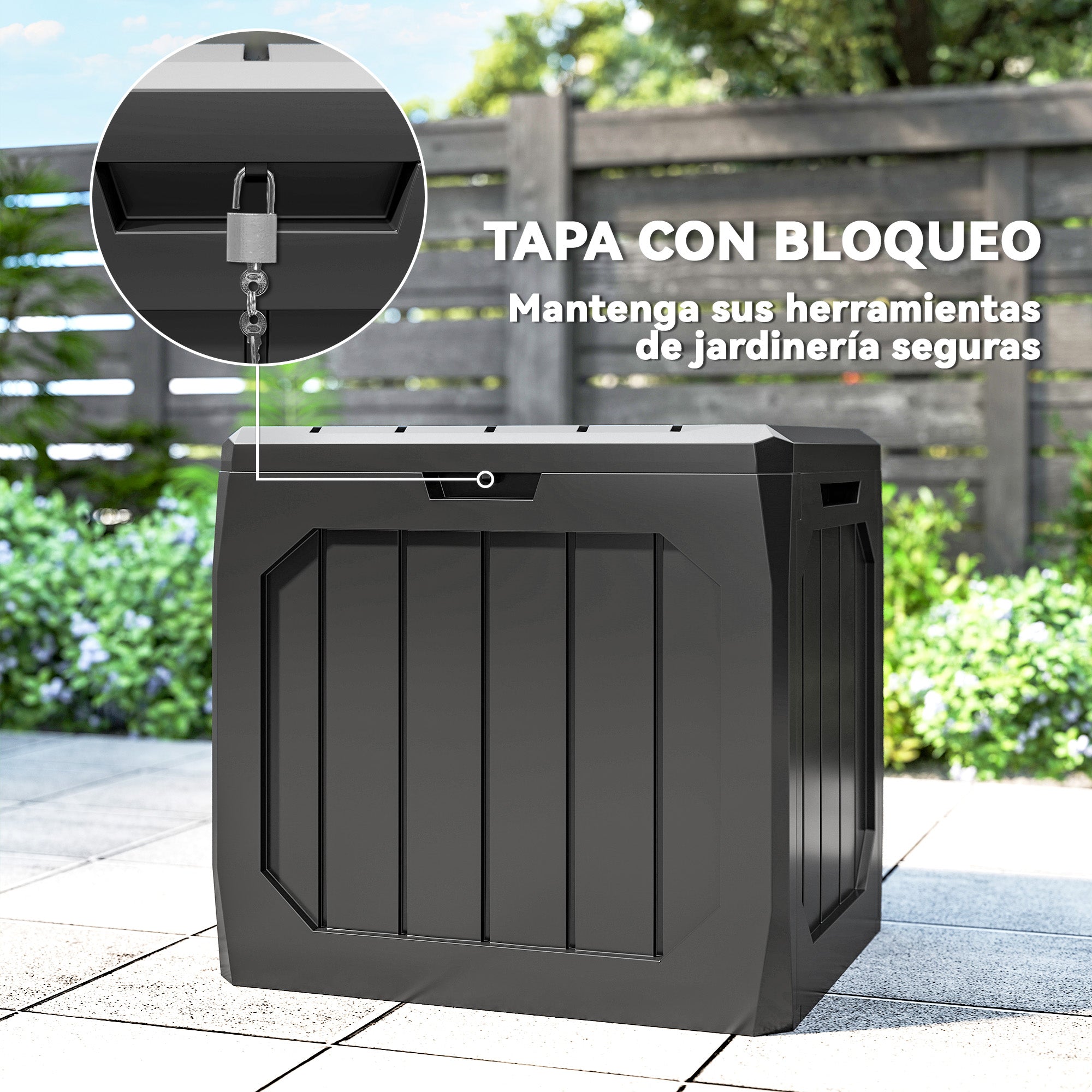 Outsunny Arcón Exterior Capacidad 121L, Baúl Almacenaje Exterior de Plástico con 2 Asas y Tapa Bloqueable, Impermeable, Resistente a la Intemperie, para Jardín, Terraza, Patio, 56x45x53 cm, Negro