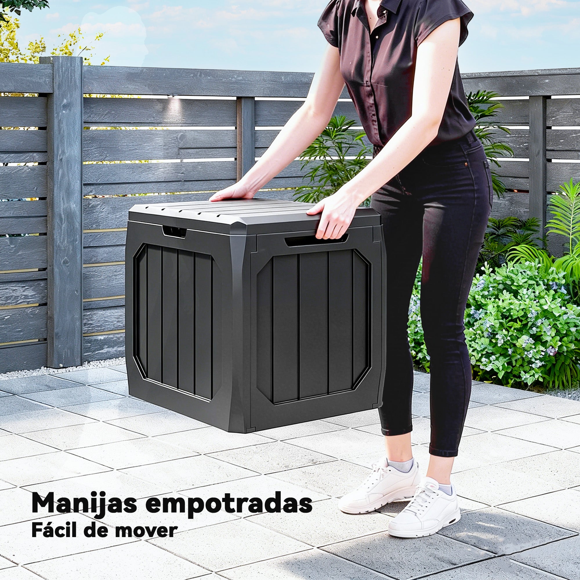 Outsunny Arcón Exterior Capacidad 121L, Baúl Almacenaje Exterior de Plástico con 2 Asas y Tapa Bloqueable, Impermeable, Resistente a la Intemperie, para Jardín, Terraza, Patio, 56x45x53 cm, Negro