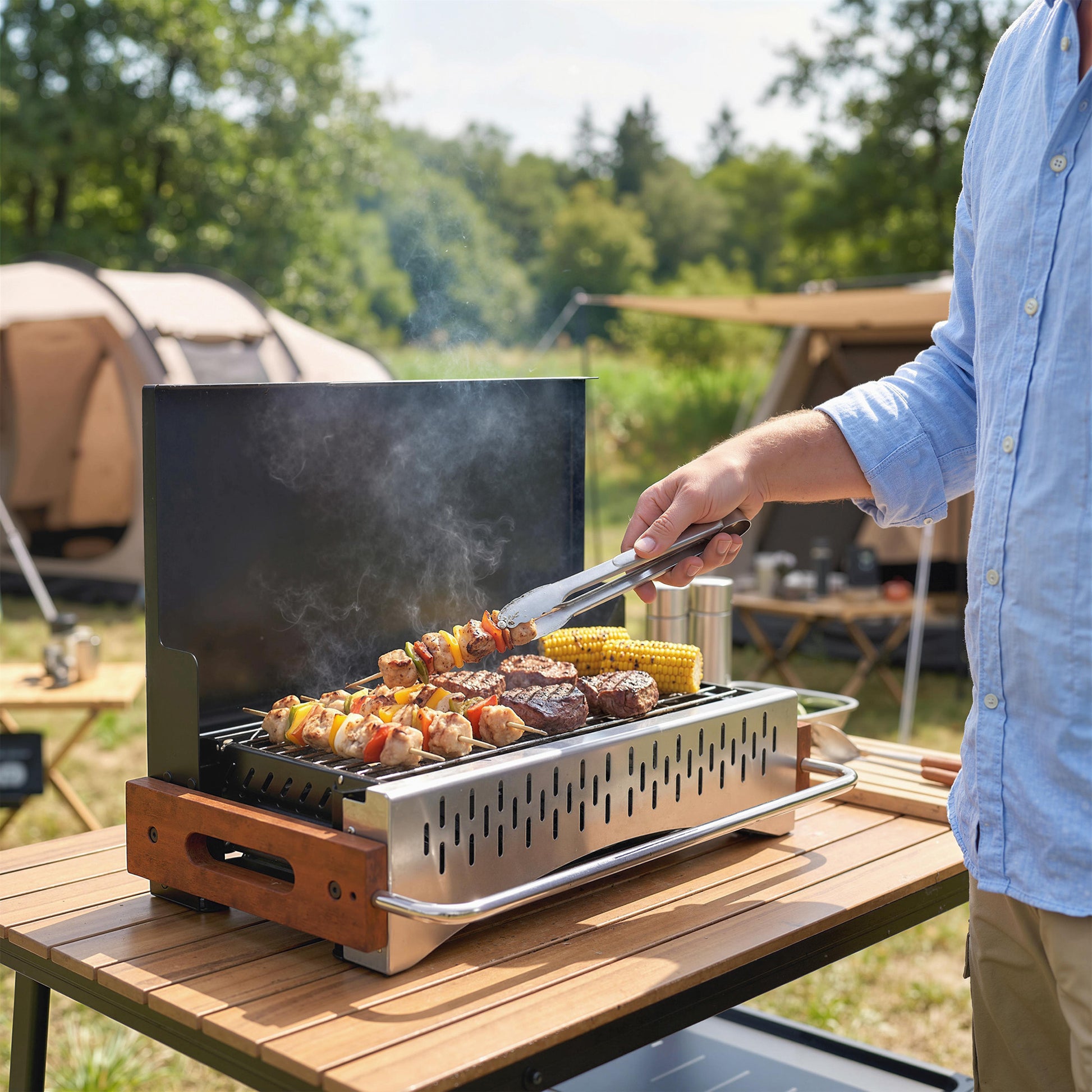 Outsunny Barbacoa de Carbón Plegable, Barbacoa Portátil, 50,5x34x33 cm, con Bandeja de Carbón Extraíble, para Camping, Picnic, Fiesta en Jardín, Negro