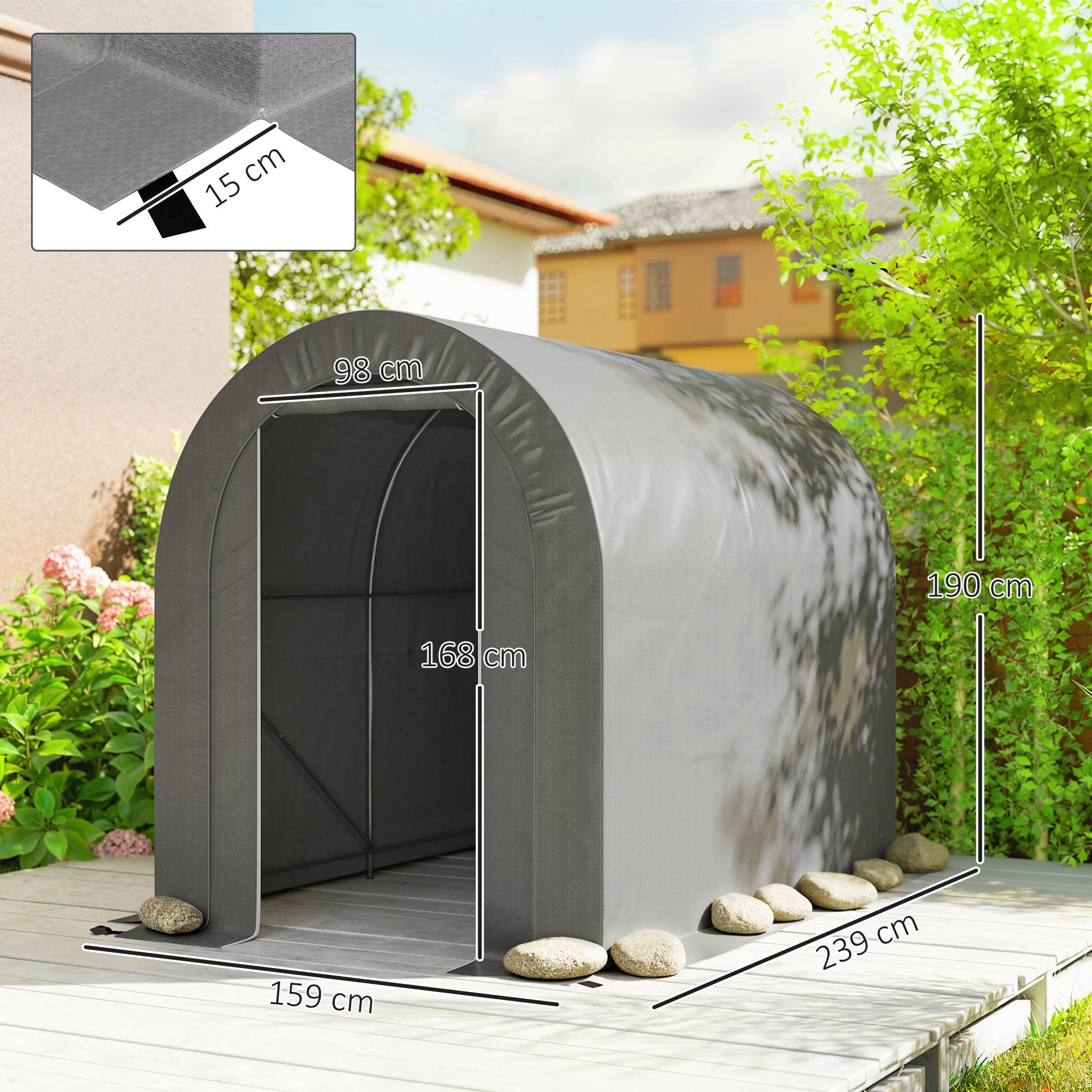 Outsunny Carpa de Jardín Exterior para Herramientas, Bicicletas, 2,4x1,6x1,9 m, Cobertizo Exterior con Marco de Acero, Puerta Enrollable con Cremallera, Impermeable, Garaje Portátil, Gris Claro