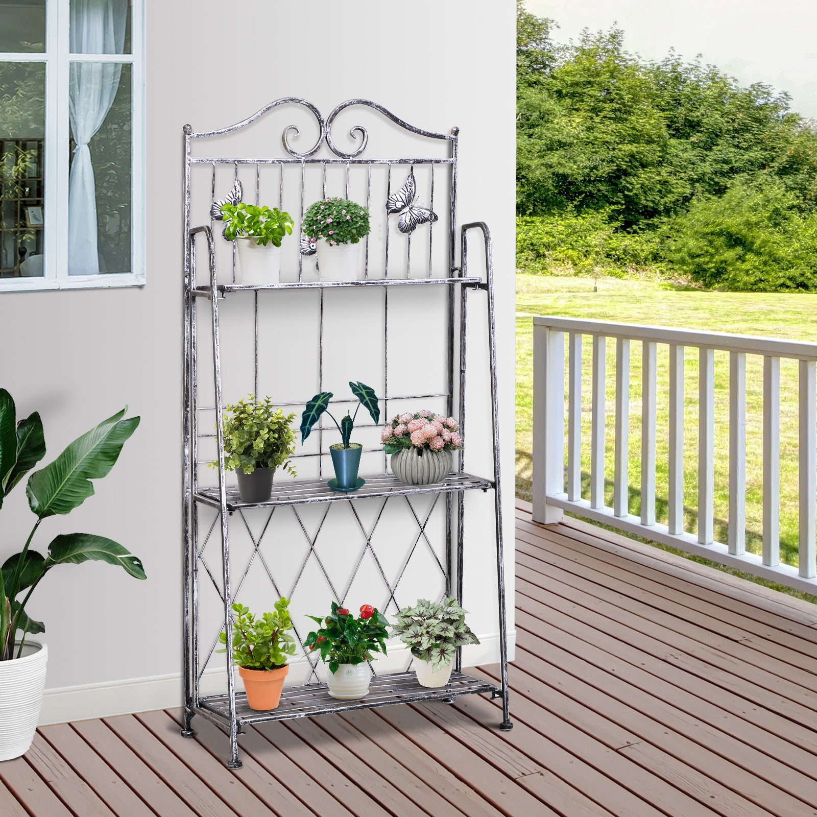Outsunny Estantería para Plantas Plegable Soporte para Plantas de 3 Niveles con Estructura de Metal Soporte para Macetas para Interior y Exterior Gris Plateado