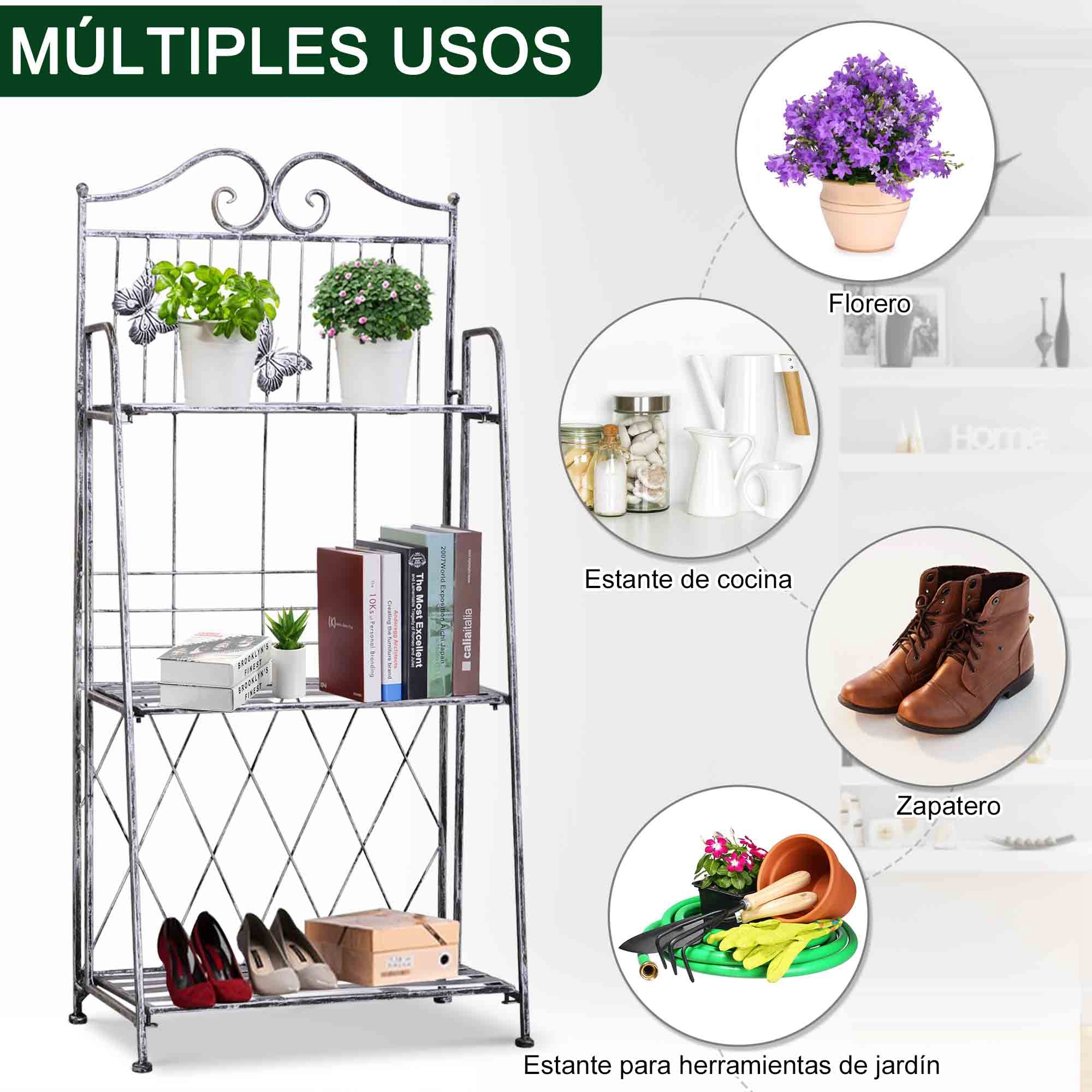 Outsunny Estantería para Plantas Plegable Soporte para Plantas de 3 Niveles con Estructura de Metal Soporte para Macetas para Interior y Exterior Gris Plateado