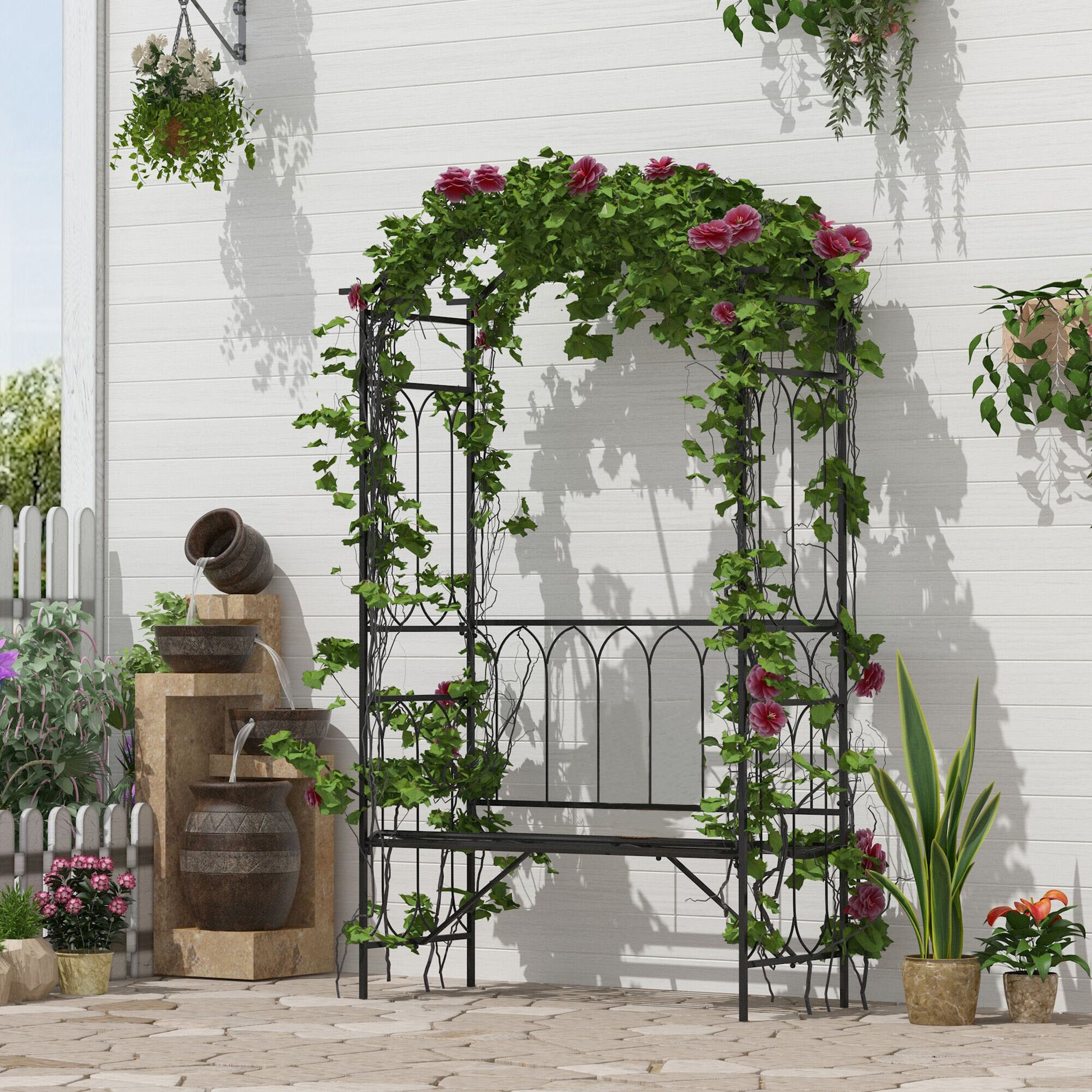 Outsunny Arco de Jardín con Banco Metálico Soporte para Plantas Trepadoras y Rosales para Terraza Patio 115x59x203 cm Negro