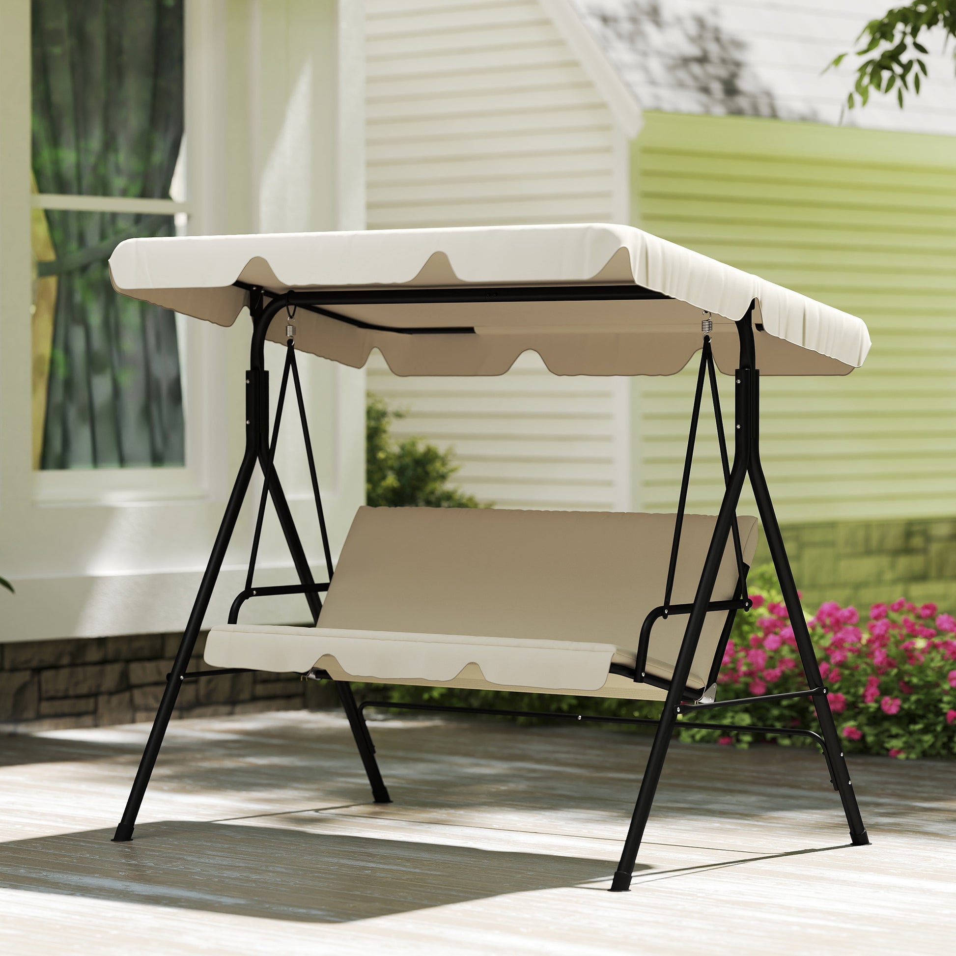 Outsunny Columpio de Jardín Exterior de 3 Plazas, Balancín de Jardín Exterior con Techo Ajustable, Cojín y Marco de Acero, para Balcón, Terraza, Patio, Carga 240 kg, 172x118x153 cm, Beige