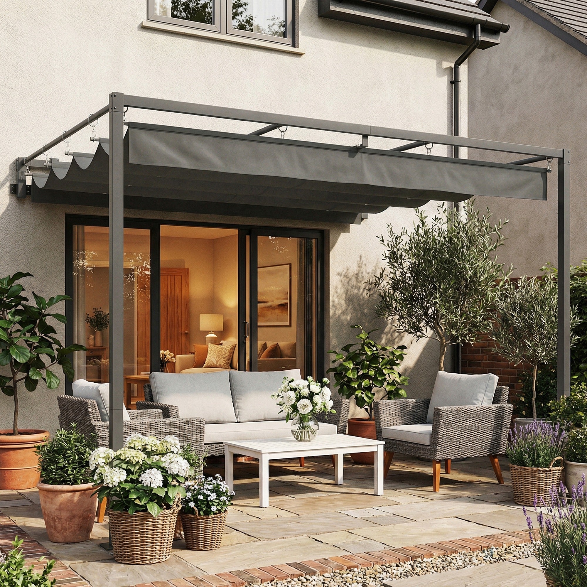 Outsunny Pérgola de Pared de Jardín 3x3 m, Cenador de Jardín con Techo Retráctil, Protección UPF30+, Orificios de Drenaje y Estructura de Acero, Pabellón para Patio, Terraza, Exterior, Gris Oscuro