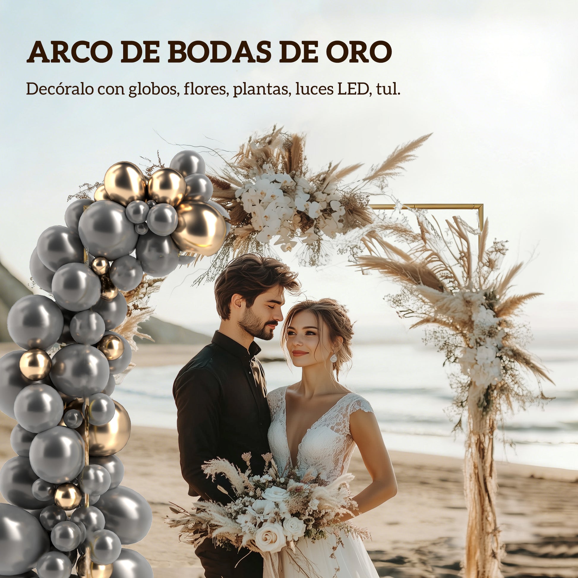 Outsunny Arco de Jardín para Rosas de Metal, 200x200 cm, Arco de Boda Cuadrado con Estacas en Forma de U, Resistente a la Intemperie, para Plantas Trepadoras, para Decoración Patio Terraza, Dorado