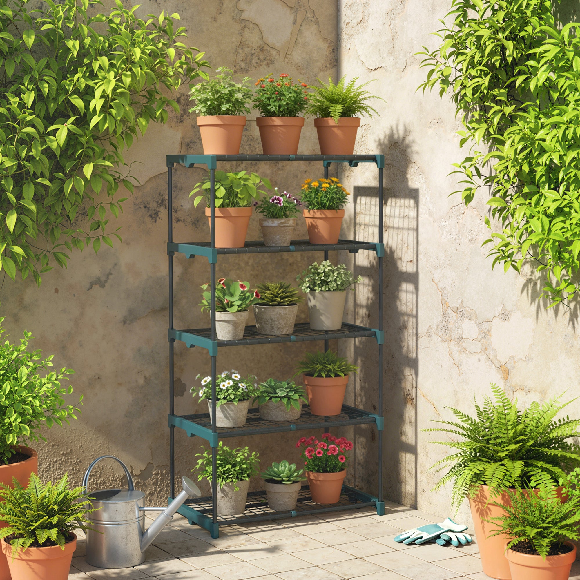 Outsunny Soporte para Plantas de 5 Niveles, Estantería para Plantas de Acero, Estantes de Rejilla, Soporte para Macetas, Interior y Exterior, 67x49x138 cm, Verde Oscuro