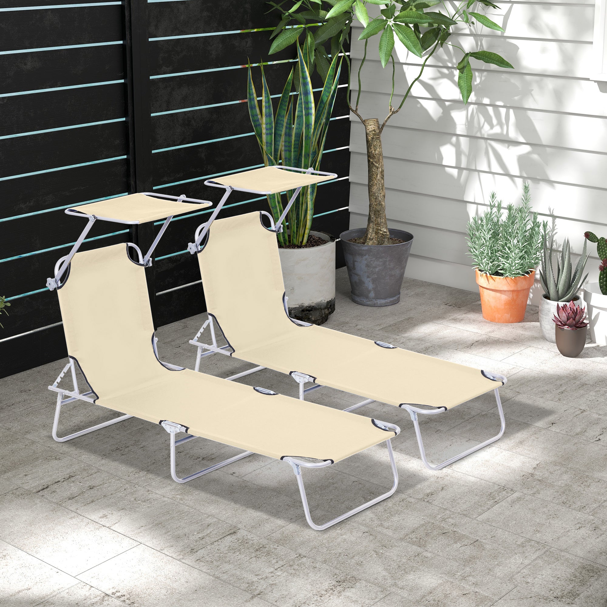 Outsunny Conjunto de 2 Tumbonas Plegables Tumbonas de Jardín con Toldo Desmontable y Regulable Respaldo Reclinable para Terraza Acampada 187x58x36 cm Beige
