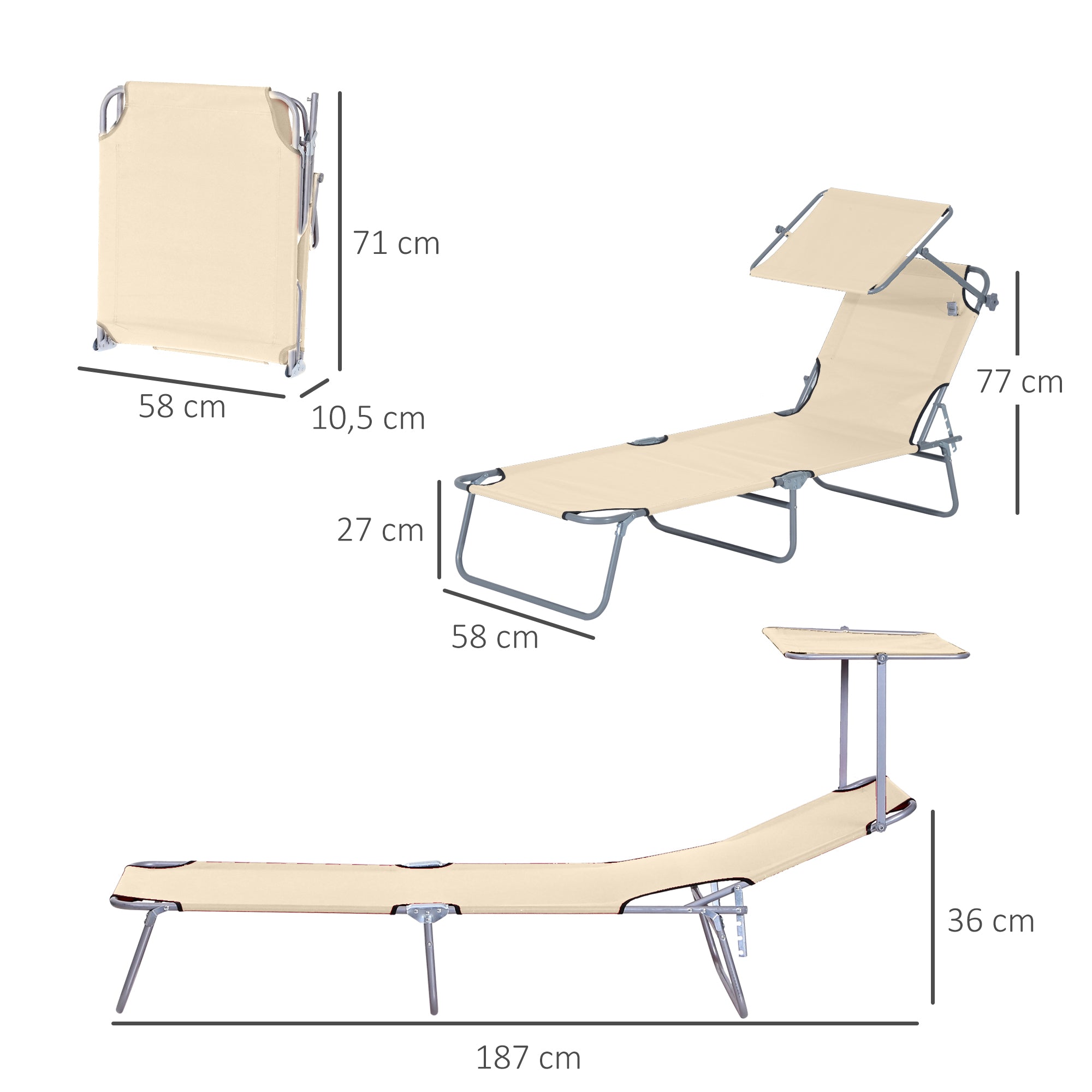 Outsunny Conjunto de 2 Tumbonas Plegables Tumbonas de Jardín con Toldo Desmontable y Regulable Respaldo Reclinable para Terraza Acampada 187x58x36 cm Beige