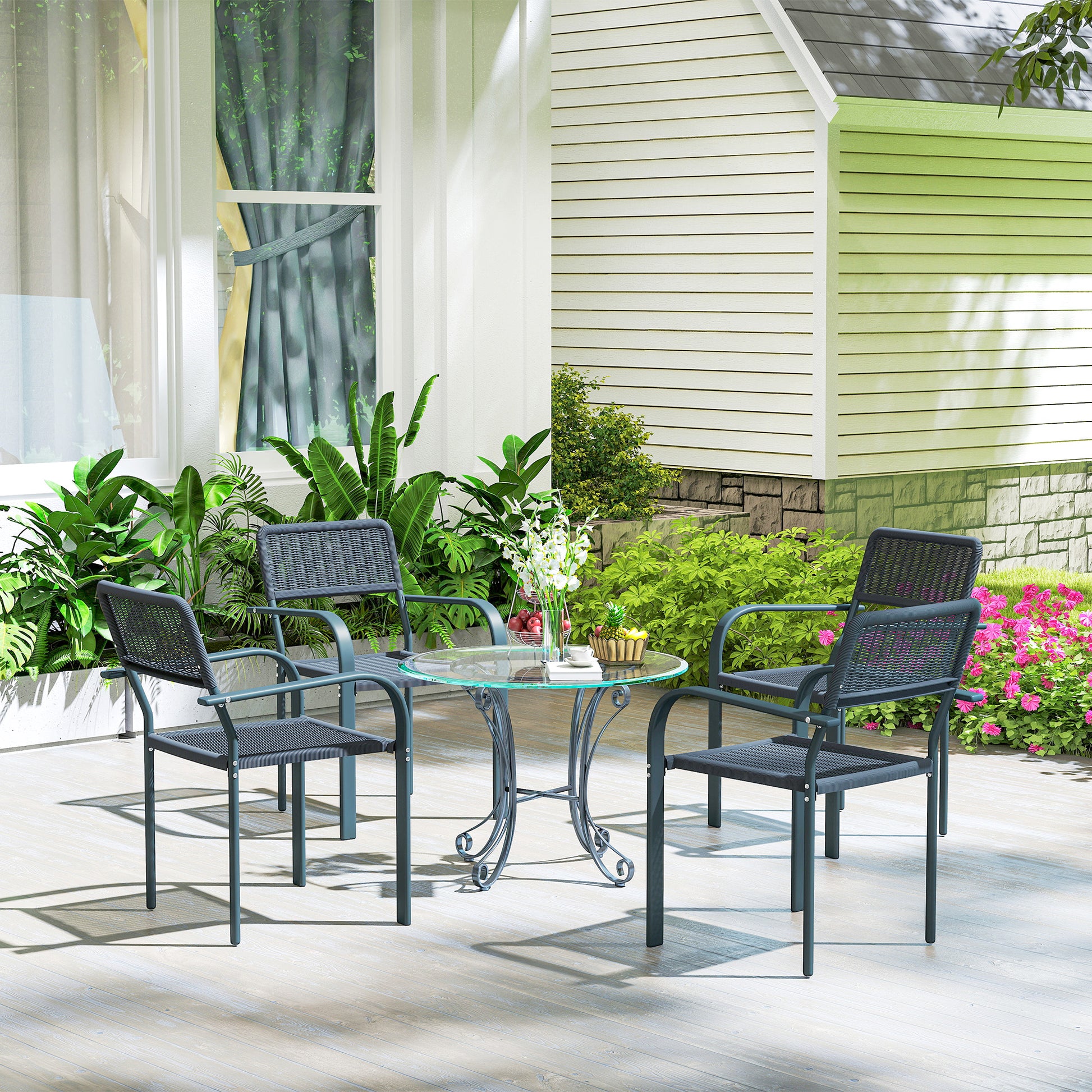 Outsunny Juego de 4 Sillas de Jardín Exterior Apilables, Sillas de Comedor Exterior Efecto Ratán, con Reposabrazos, Marco de Acero, Resistente a la Intemperie y Ligero, 55x60x83 cm, Gris Oscuro